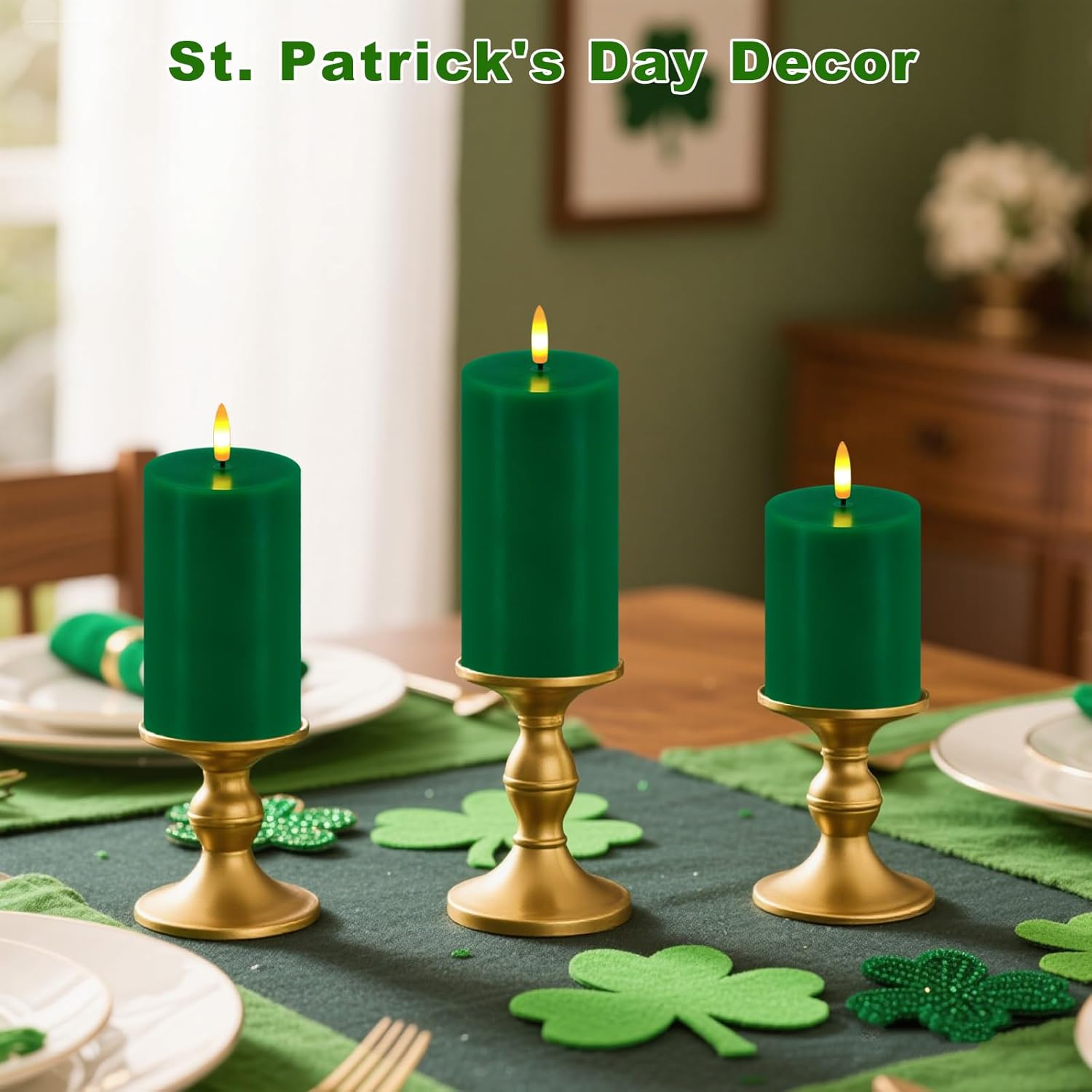 Green Flameless Candles, Set of 3 Flickering LED Candles with Remote & Timer, Dimmable Real Wax Electric Pillar Candles Battery Operated, Candles Light for Home St. Patrick's Christmas Decor (Green)