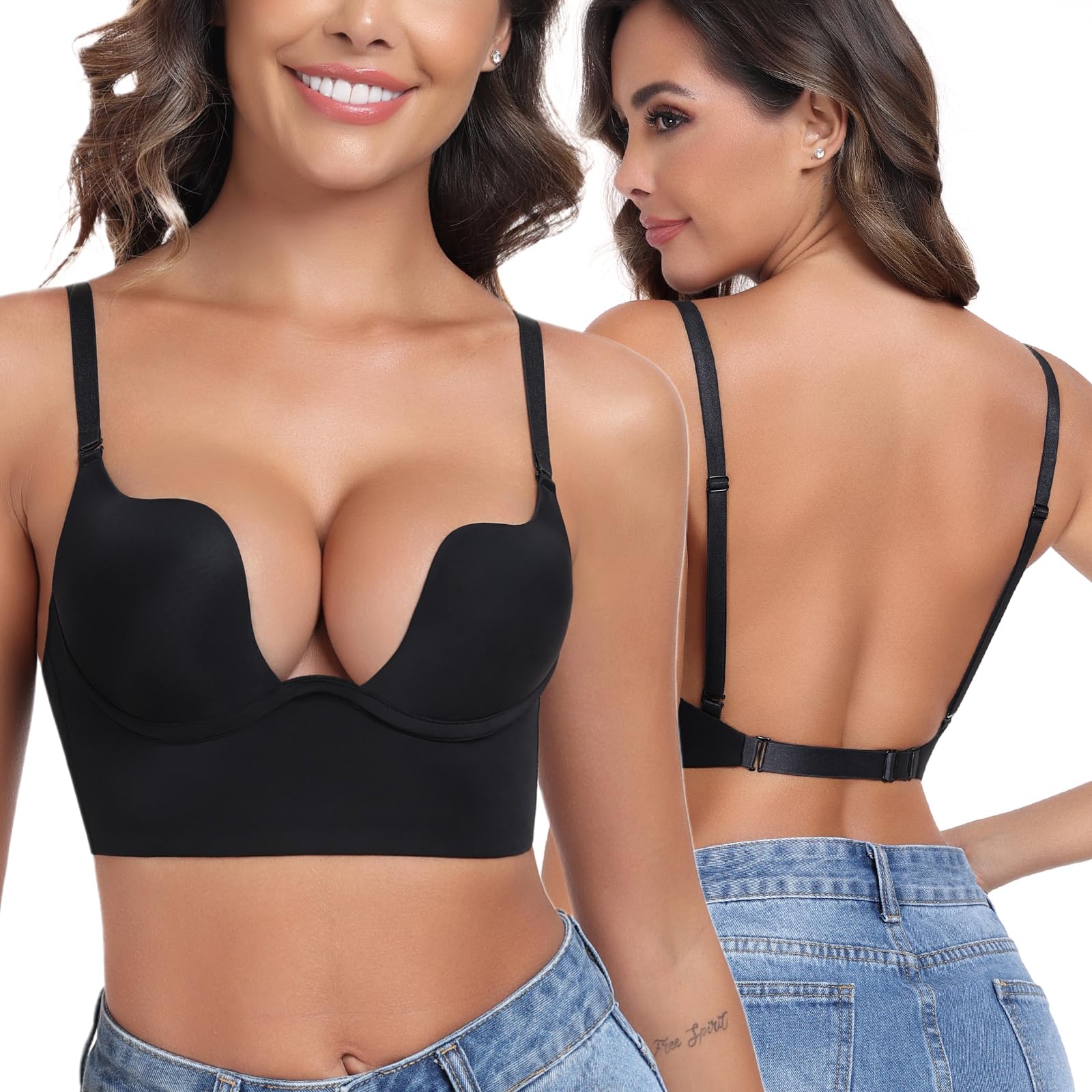 Lemorosy Damen Rückenfrei BH Tief U-Ausschnitt Push Up Bra mit Bügel Niedrigem Rücken Multiway-Träger