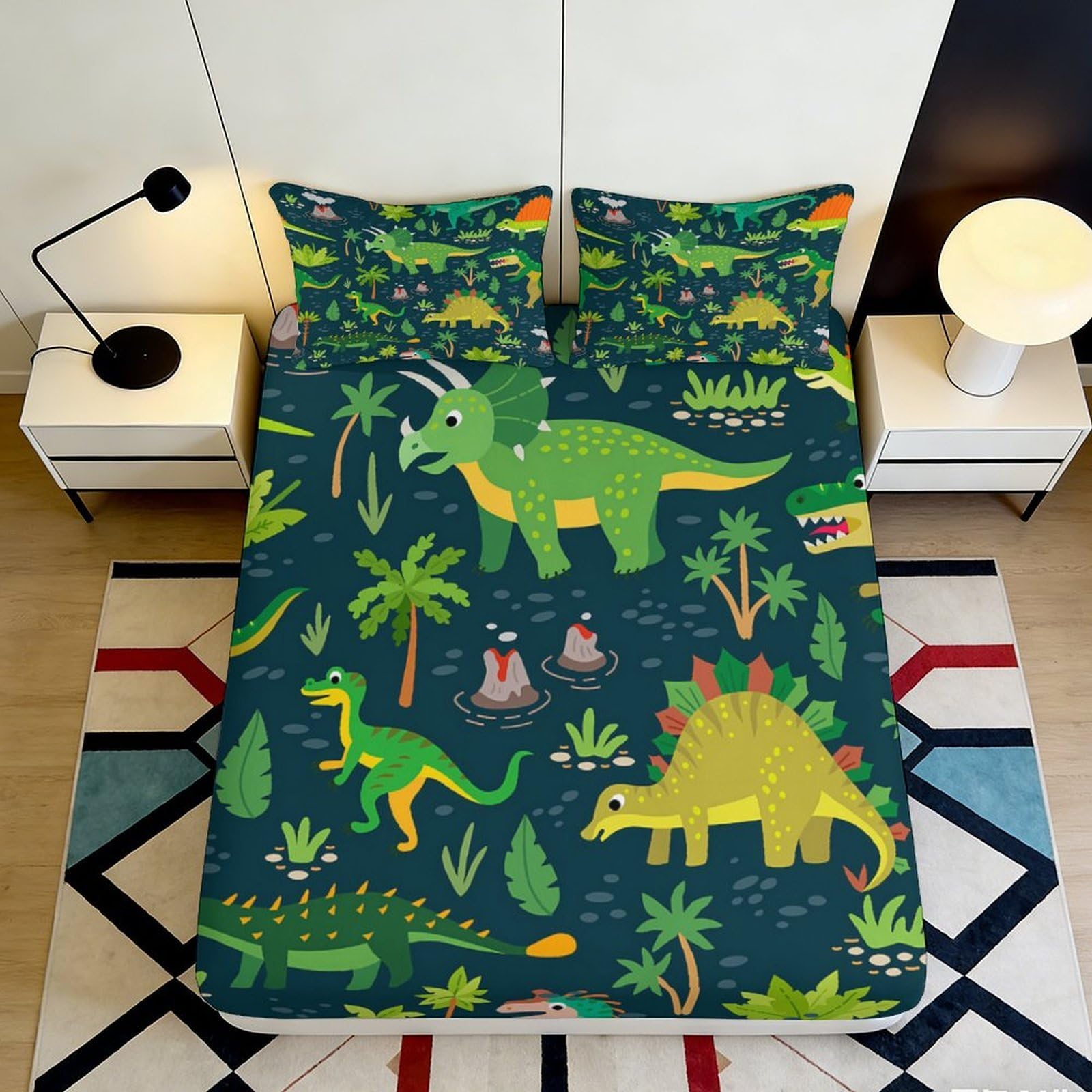 3D Printed Dinosaur Jungle Fitted Sheet Microfiber Soft Green Cartoon Mattress Cover for Bedroom Guest Room Decor 90x200x25cm