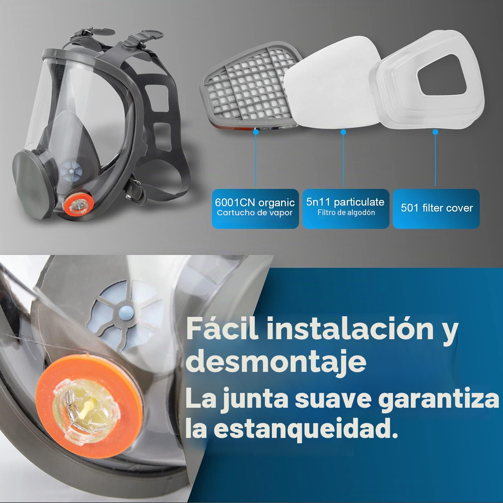 Mascarilla de volumen reutilizable con filtro para protección contra vapores y partículas Mascarilla antigás Mascarilla antipolvo para pinturas, barnices, trabajos de carpintería, agricultura