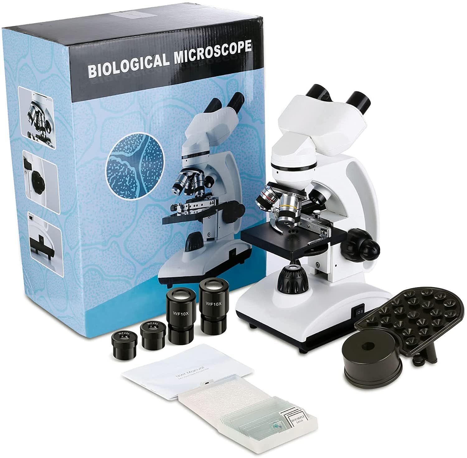 Cowiewie Microscopio Binoculare professionale a trasmissione e riflessione 40X-1000X per luce incidente e trasmessa, con oculare e illuminazione a LED, microscopio per studenti con vetrini