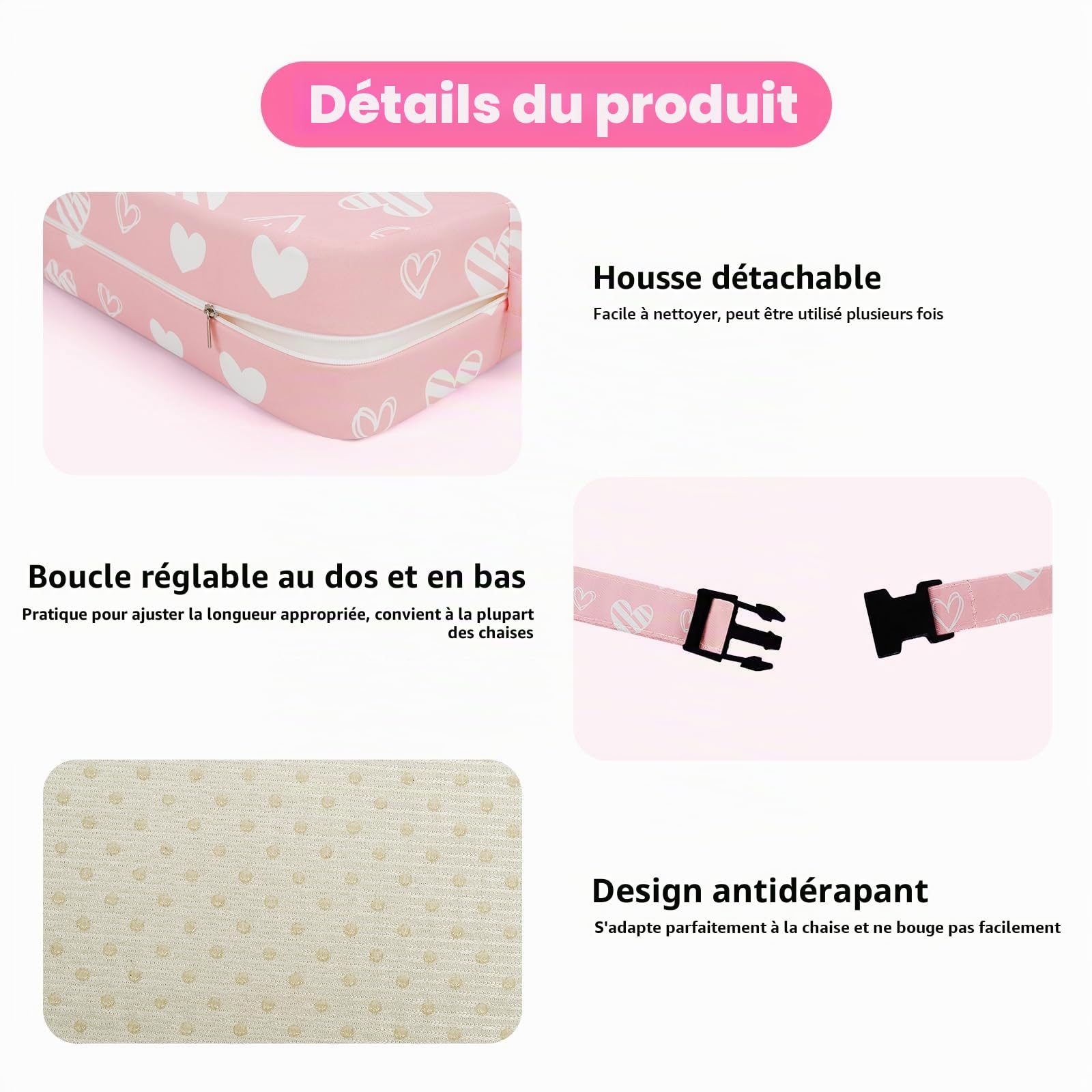 Rehausseur Chaise Enfant, Lavable Coussin Rehausseur avec 2 Sangles Réhausseurs pour Enfant 36 x 32 x 10 cm - Cœur