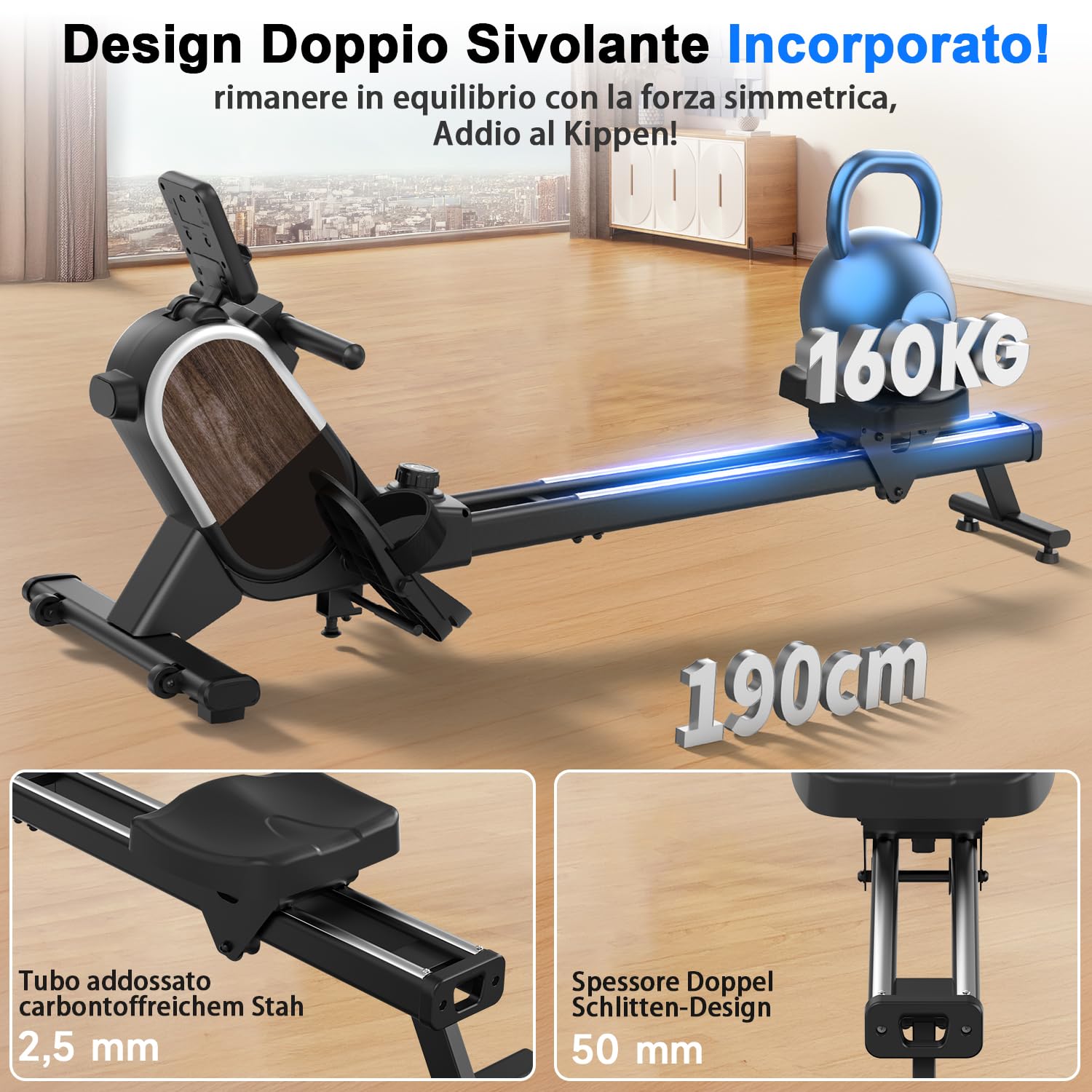 CHAOKE Vogatore Professionale per Casa, Vogatore Magnetico 16 Livelli di Resistenza e Doppia Guida Scorrevole,con App Compatibile, Monitor Bluetooth & Stent Capacità di Carico 160KG