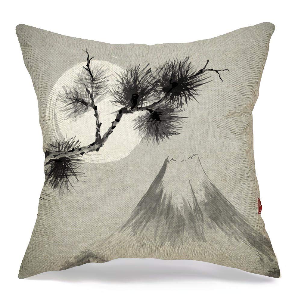 Pillow Cover Branch Ink Pine Set Tree Mountains Style East Peace Moon Handdrawn Sumi Nature Sumie Night White Soft Decorative Linen Square Throw Pillow for Couch Sofa Cushion Cover 16x16 inch