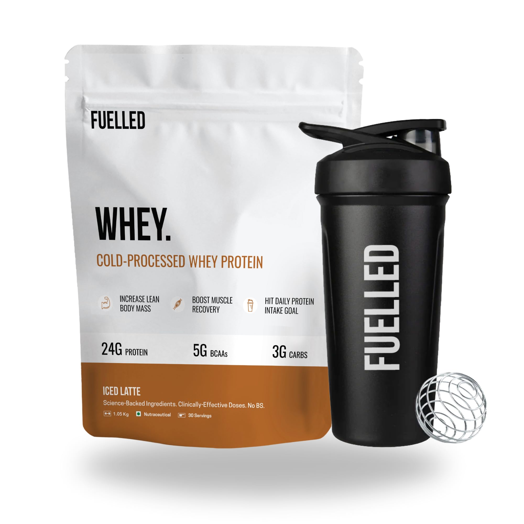 Fuelled Whey Protein Powder Concentrate & Isolate with 24 g Protein, 5 g BCAA (1 kg, 30 Servings) Lab Tested with Plastic Shaker (Iced Latte) (B0C4X6RGT8) Amazon Price History, Amazon Price Tracker