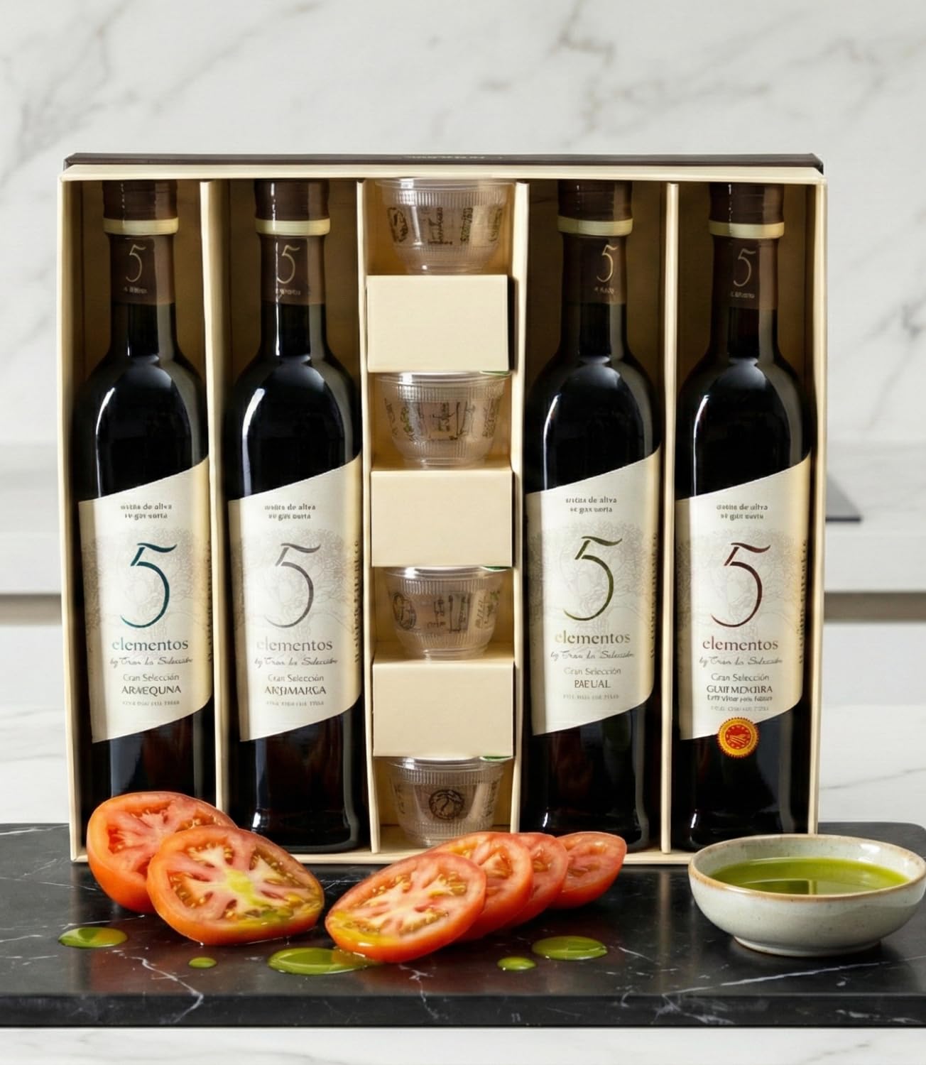 5 Elementos Gran Selección Aceite de Oliva Virgen Extra - Estuche Premium Degustación 5 Variedades: Picual, Arbequina, Cornicabra, Hojiblanca - Set Regalo Gourmet y Cata - 4x500ml