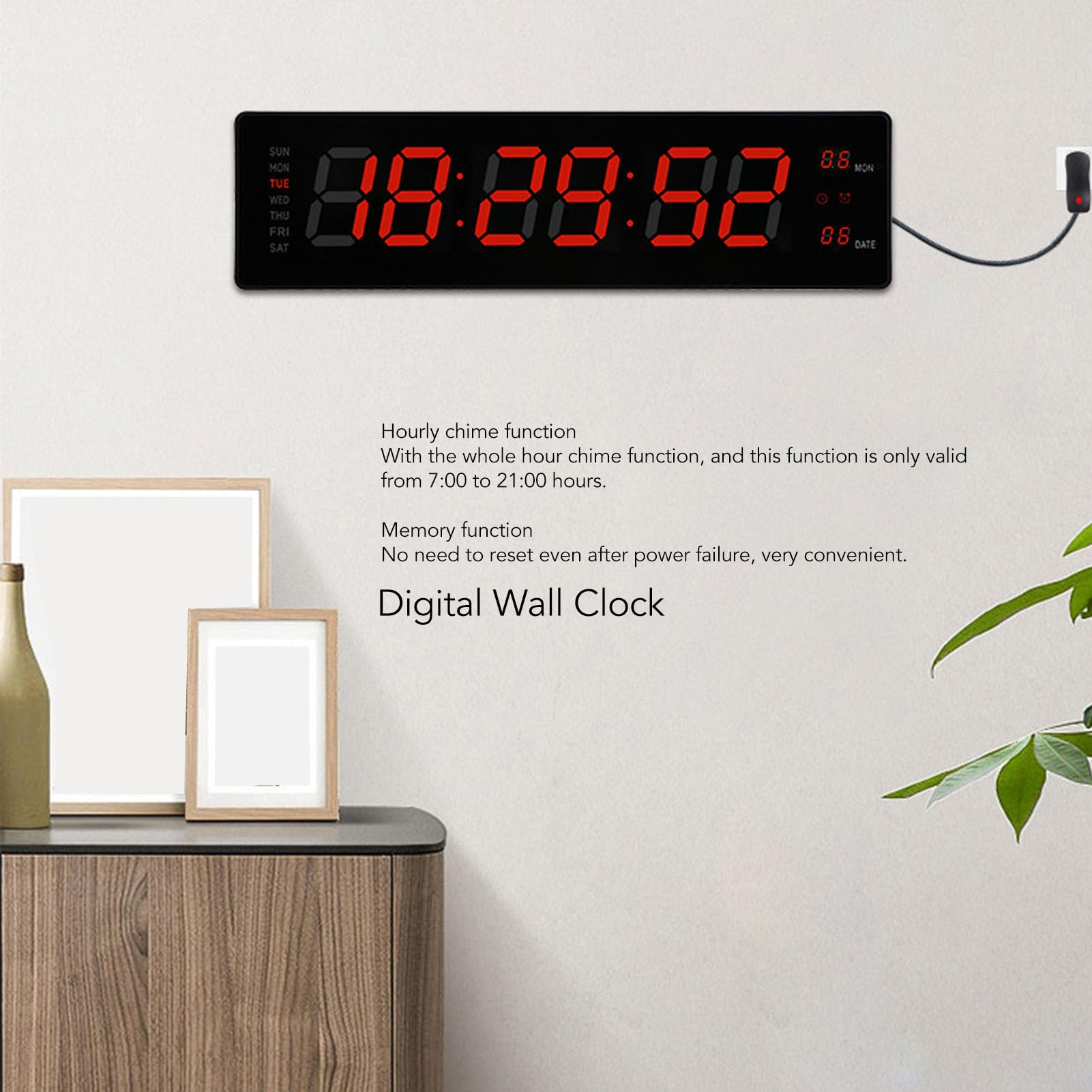 Topiky Reloj de Pared Digital Grande, Despertador con Temperatura de Día y Fecha, Reloj Digital con 8 Alarmas y Memoria de Fallos, para Salón, Dormitorio, Decoración, Regalo para (EU)