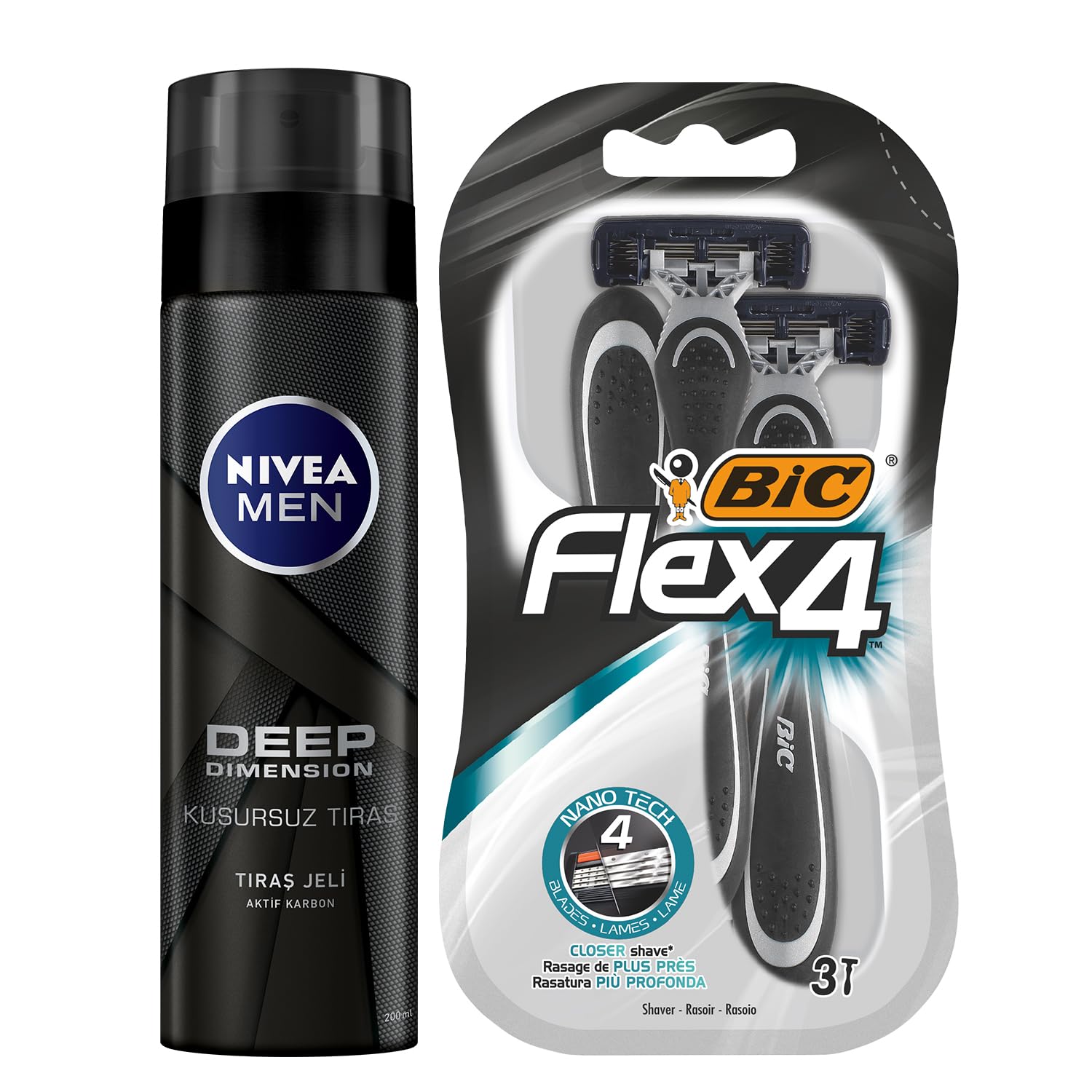NIVEA MEN Erkek Tıraş Jeli Deep Dimension 200ml + BIC Flex 4 Erkek Tıraş Bıçağı 3'lü Blister (4 Bıçak)