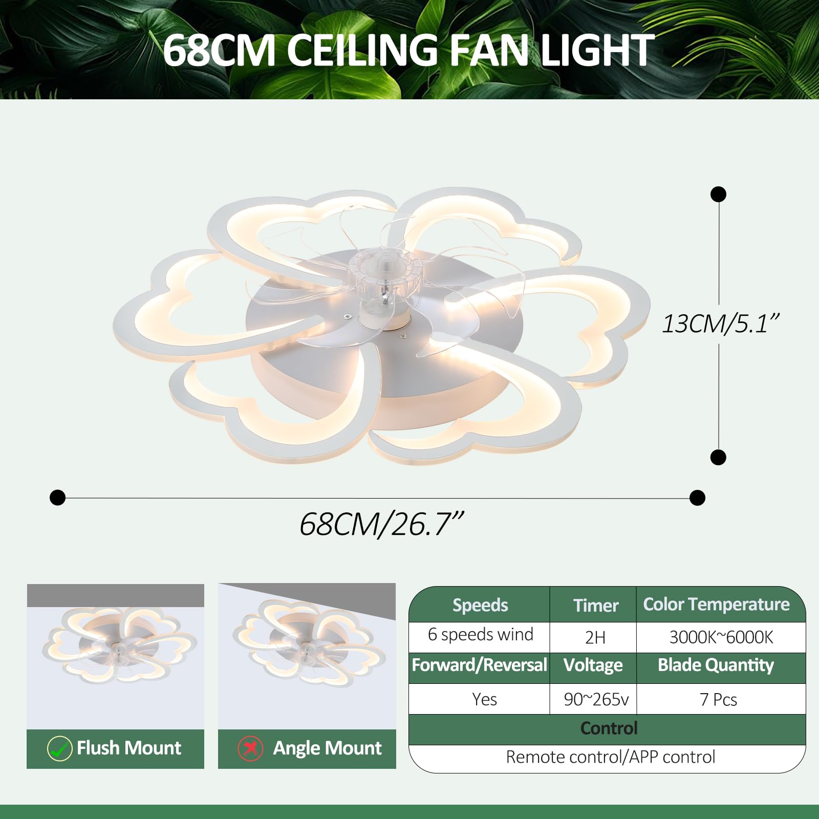 Ventilatore da Soffitto con Luce e Telecomando Silenzioso, Lampadario Ventilatore da Soffitto LED Dimmerabile 6 Velocità 72 W, Plafoniera Creativa a Forma di Fiore in Acrilico con Ventola-White