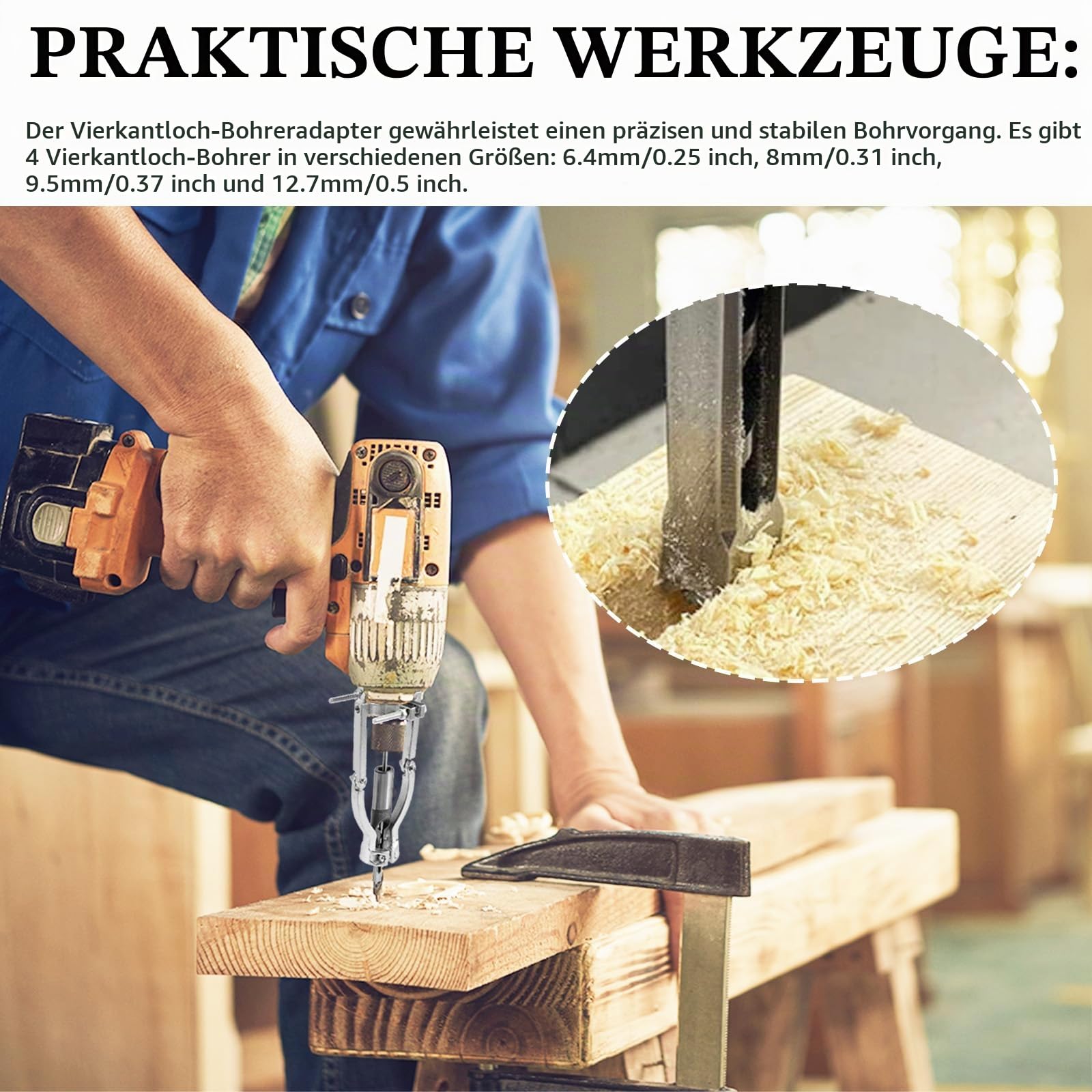 Vierkantbohrer, Ständer für Bohrmaschine mit 4 Vierkantlochbohrer 6,4/8/9,5/12,7 mm Vierkantbohrer Festhalter für Tischbohrmaschine und Handbohrmaschine Square Hole Drill Bit Sets 38-55mm
