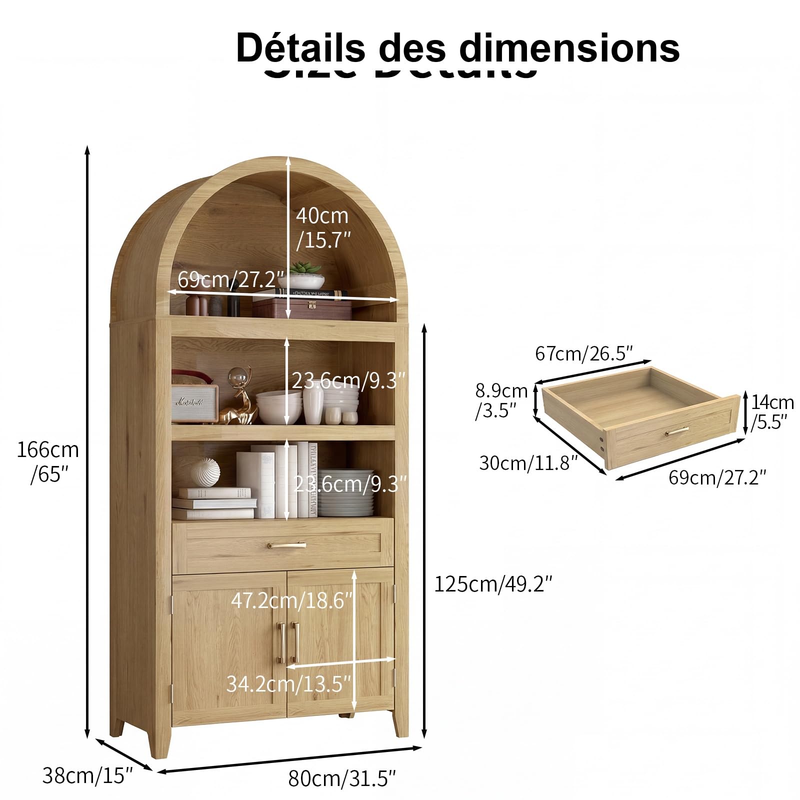 Bibliothèque 166cm Arche, Étagères Ouvertes, Tiroir et Placard, Chêne