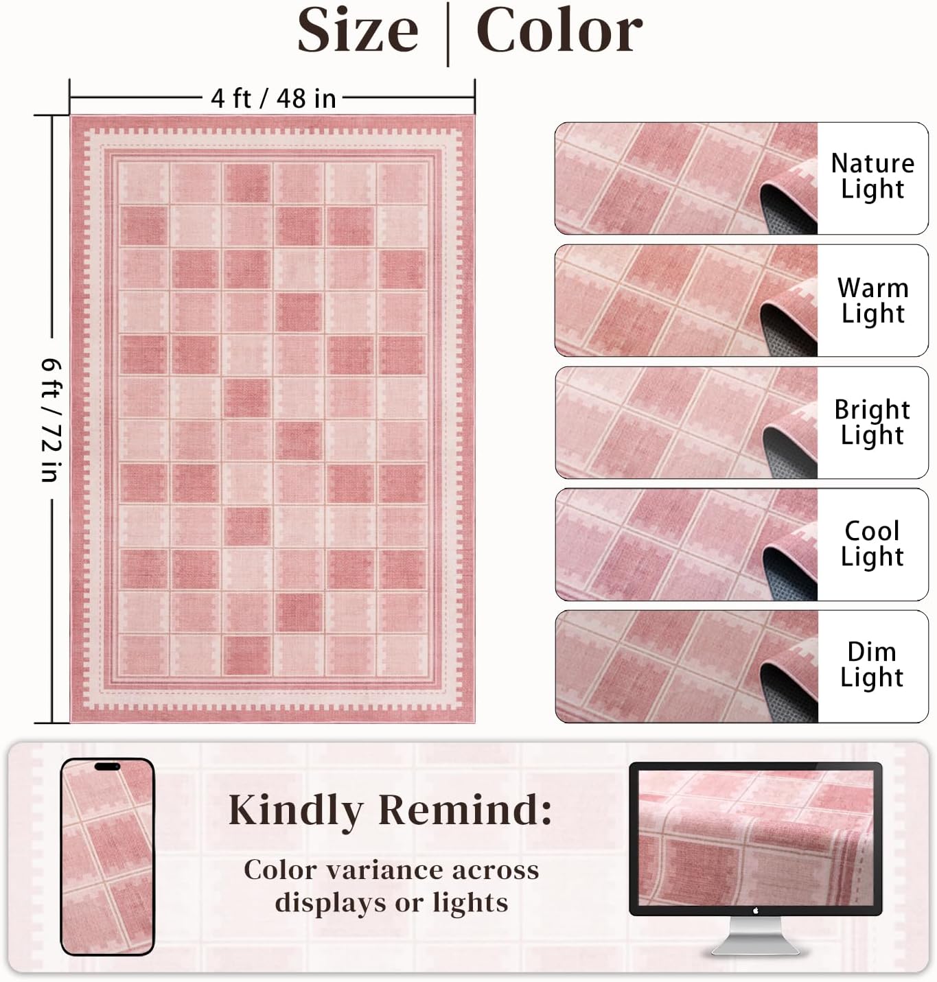 LAISE Pink Washable 4x6 Area Rug with Non-Slip Backing for Bedroom Girls image 3