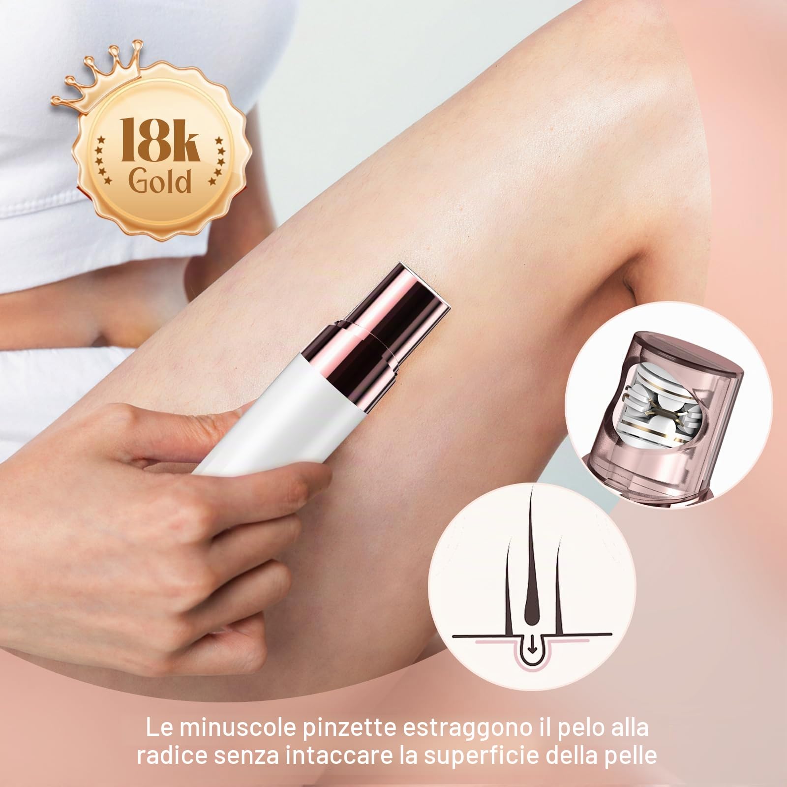 Epilatore per il viso da donna, a batteria, per la rimozione dei peli del viso, braccia, luce LED, per la depilazione viso da donna, testa placcata in oro 18 carati, per tutte le età