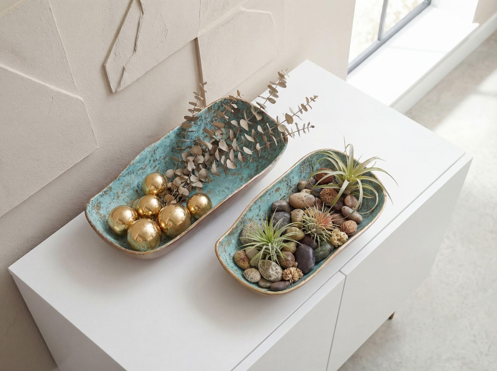FineBuy Dekoschale 2er Set Aluminium Gold Patina, Oval | Schalen in Schiffchen-Form lebensmittelecht, Obstschale und Tischdeko, handgefertigte Unikate
