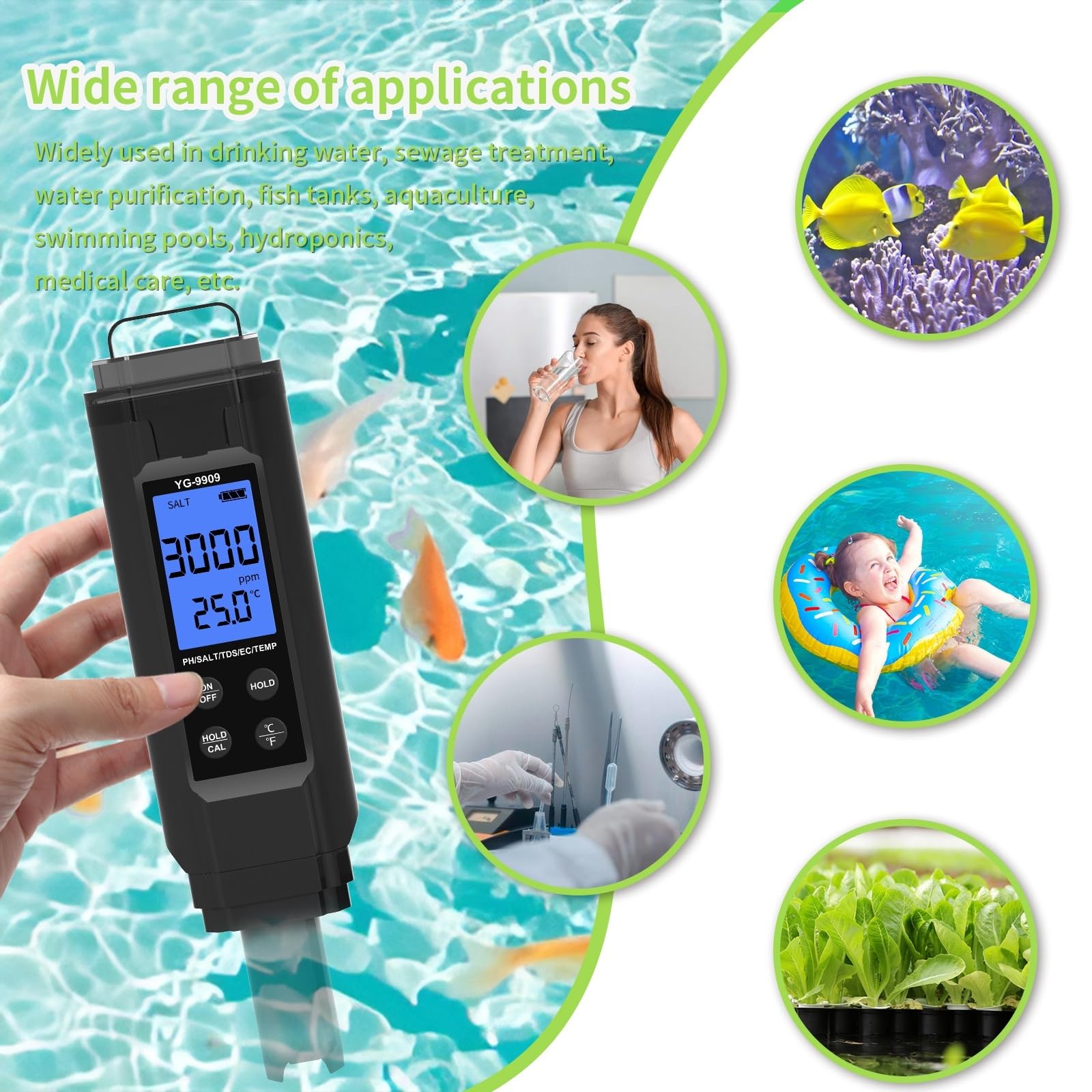 PH Mètre, Testeur 5 en 1 de salinité, pH, conductivité électrique (EC), TDS, température et ppm, haute précision (résolution de 0,01), for aquarium, hydroponie et piscine.