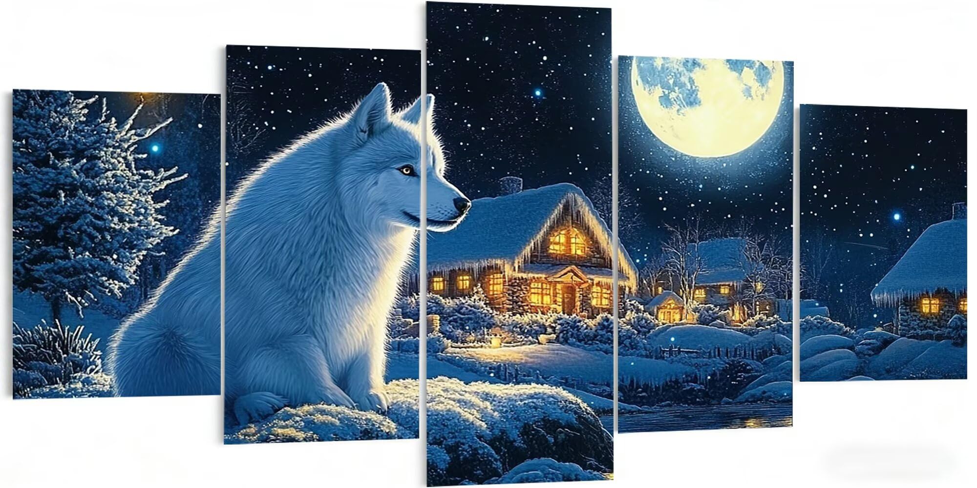 Wolf diamentowy obraz dla dorosłych, duży rozmiar XXL, 150 x 80 cm, 5-częściowy, obraz do malowania diamentami, obraz 5D "zrób to sam", obraz na pełny obraz, haft krzyżykowy, mozaika, rękodzieło