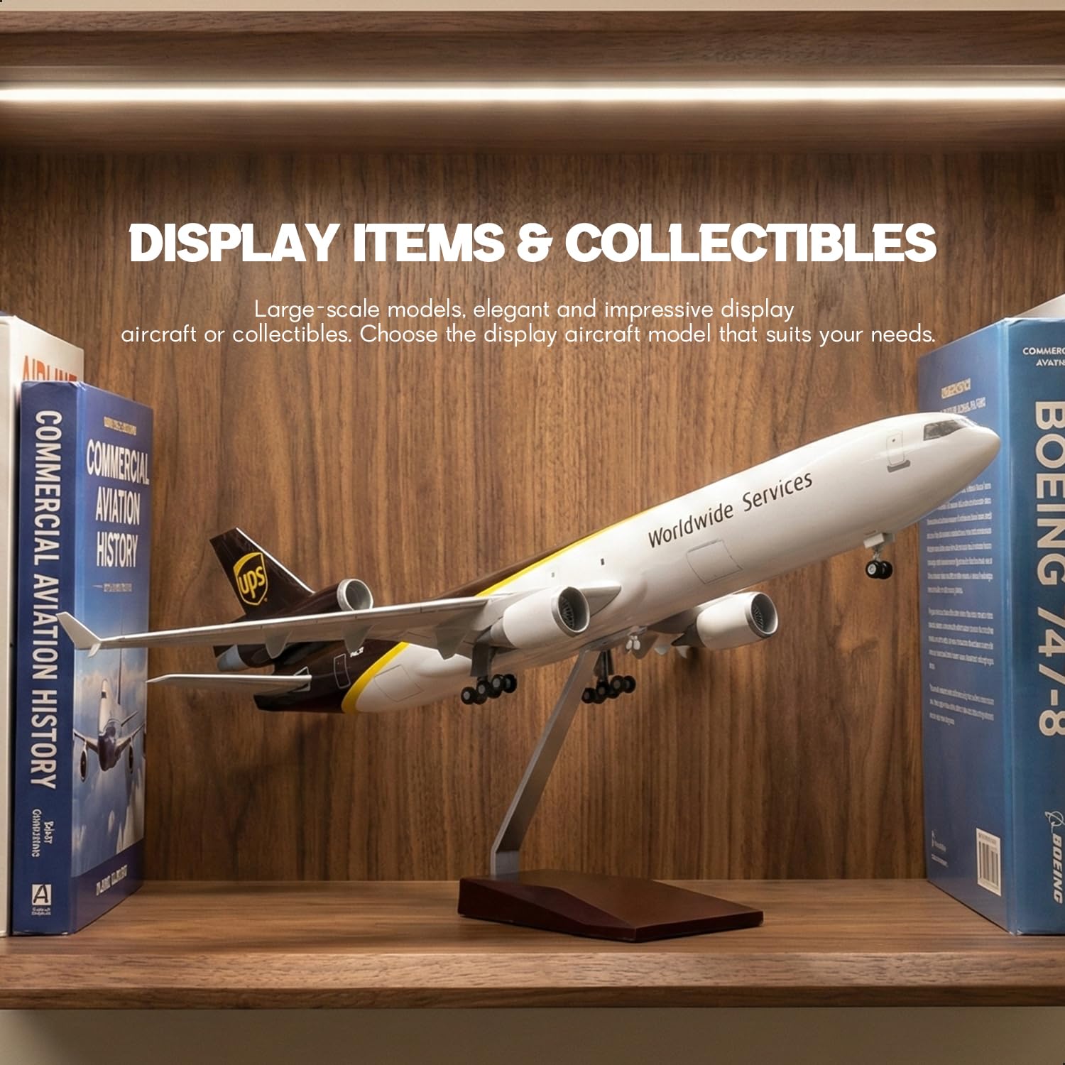 MD-11 Flugzeugmodell im Maßstab 1:130, kompatibel mit UPS, inklusive Ständer (47 cm lang), aus Resin, ideal als Souvenir für Erwachsene, als Dekoration für Zuhause oder Büro.
