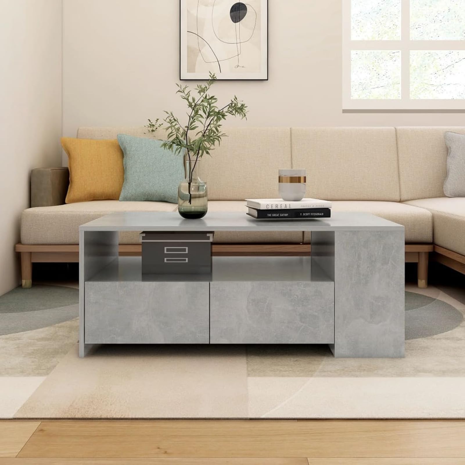 Homgoday Tavolino da caffè grigio cemento 102 x 55 x 42 cm, tavolino da tè per soggiorno, sala ricevimenti per ospiti, camera da letto e ufficio 1782