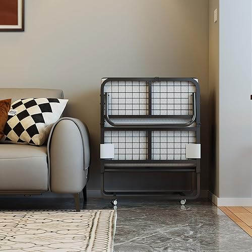 Miniatura 8 de Cama plegable con colchón cama de invitados plegable portátil para adultos cuna plegable con bolsa de almacenamiento de tela y ruedas de marco de