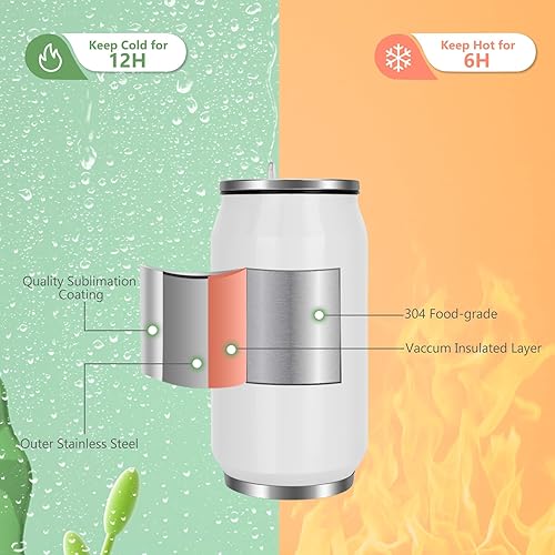 Miniatura 3 de MultiOutools Paquete de 4 vasos de sublimación en blanco, vaso de acero inoxidable de 12 onzas con popote de plástico, latas de cerveza con