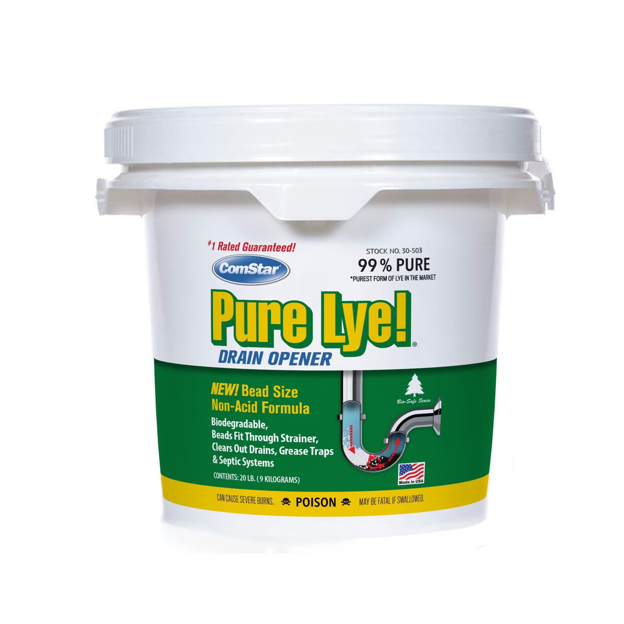 ComStar Pure Lye, 99% Pure Sodium Hydroxide Beads, Eco-Friendly, Industrial Strength, Biodegradable Drainer Opener, Safe On Fixtures, Static-Free, Unique Beads For Soap Making, 20 Pounds (30-503)