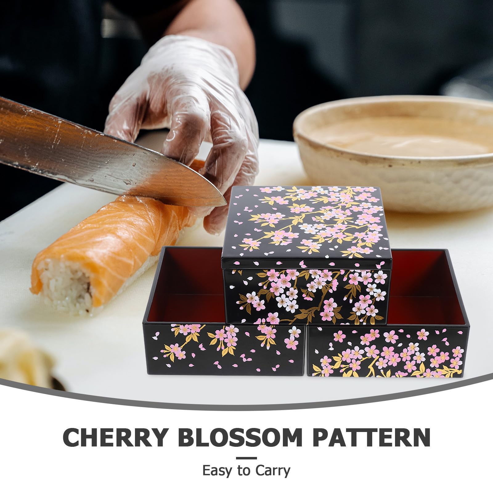 Gadpiparty Scatola Sushi Giapponese a Strati con Decorazione Fiori di Ciliegio Oro Contenitore Raffinato per Snack e Sushi per Feste Pranzi e Picnic