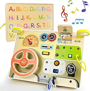 Ulikey Busy Board, Montessori Toy Activity Board with LED Light Switches, Motor Skills Toy, Wooden Toy Steering Wheel, Baby Activity Board from 2 Years, Ideal Travel Toy and Gift
