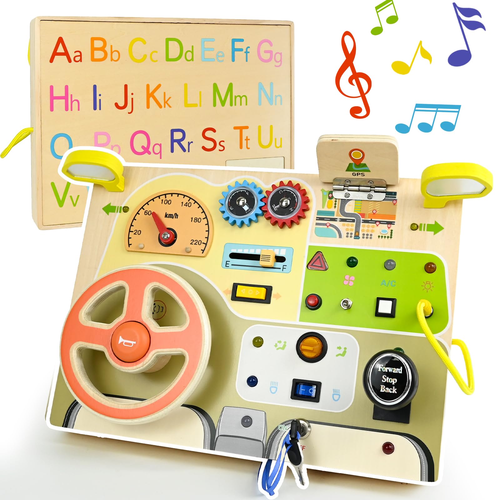 Ulikey Volant Analogique Montessori, Tableau Busy Board en Bois pour Bébés, Planche Occupée avec Volant Simulé et Interrupteurs Lumineux à LED, Enfants Activity Board Jouets avec Lettres
