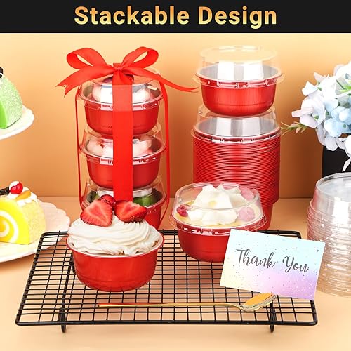 Miniatura 5 de Beasea Vasos desechables para hornear con tapas, paquete de 50 moldes de papel de aluminio de 6.1 oz de 6.1 fl oz, moldes redondos para hornear,