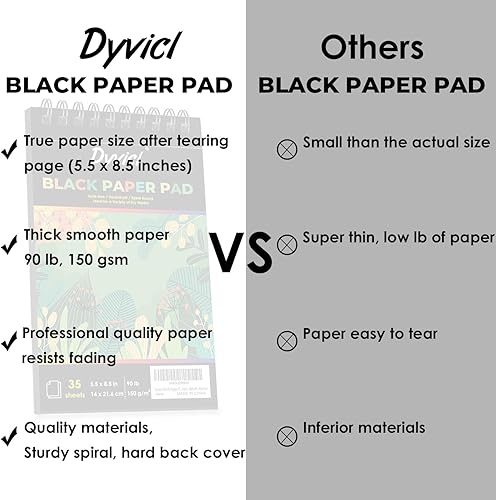 Miniatura 8 de Dyvicl Bloc de papel negro de 5.5 x 8.5 pulgadas, cuaderno de bocetos, 35 hojas (90 lb150 gsm), papel de dibujo negro en espiral para lápiz, pastel,