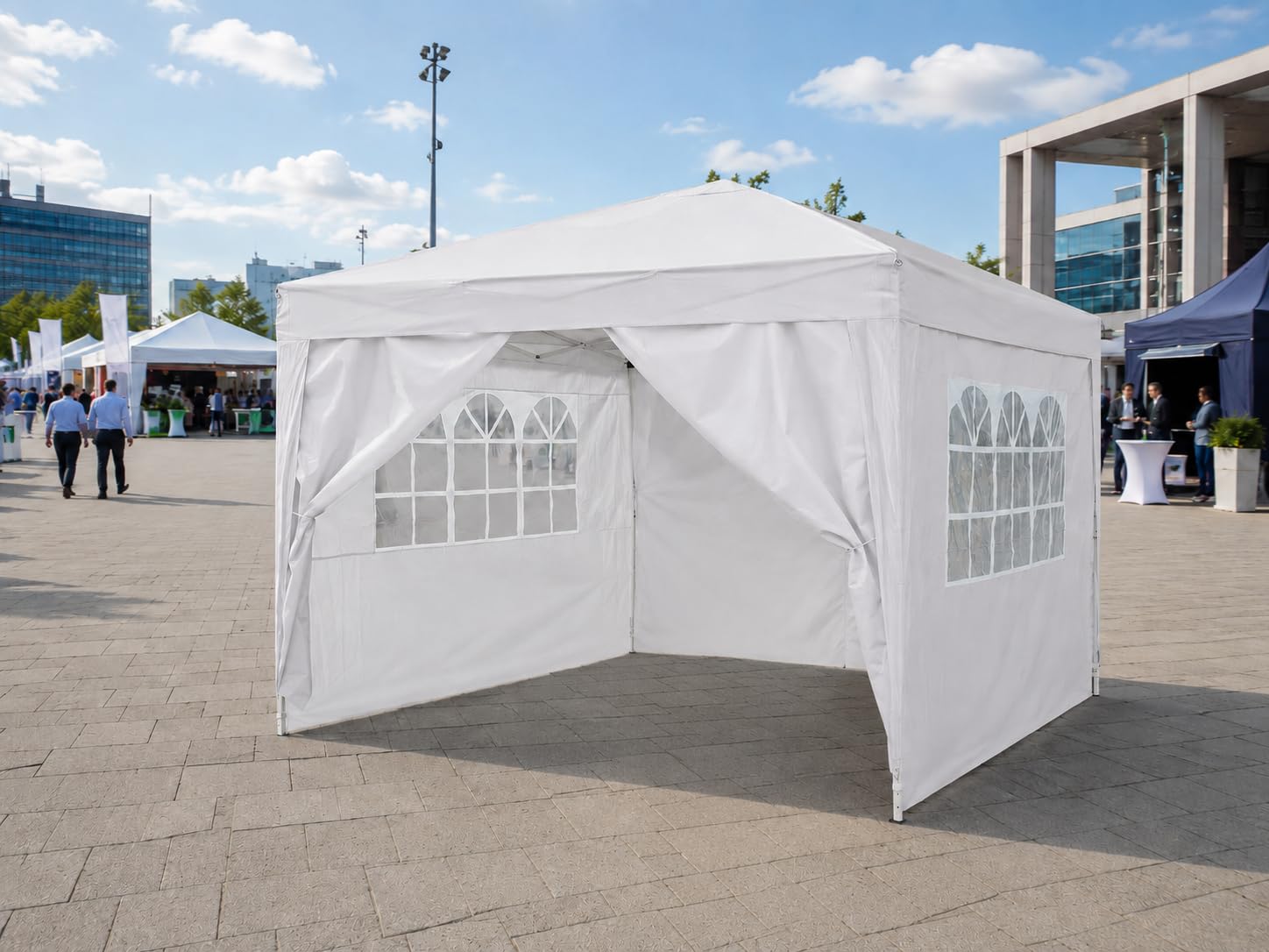 Gazebo 3x3 Pieghevole a Fisarmonica EasyFlex Bianco con Tende Richiudibili e Finestre