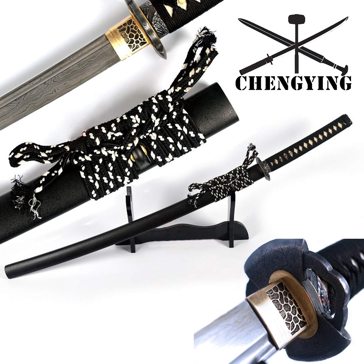 Fold Steel Oil quenching chu-kissaki Katana Sword,Alloy Tsuba, Rayskin Handle,The Blade has a Distinctive Grain