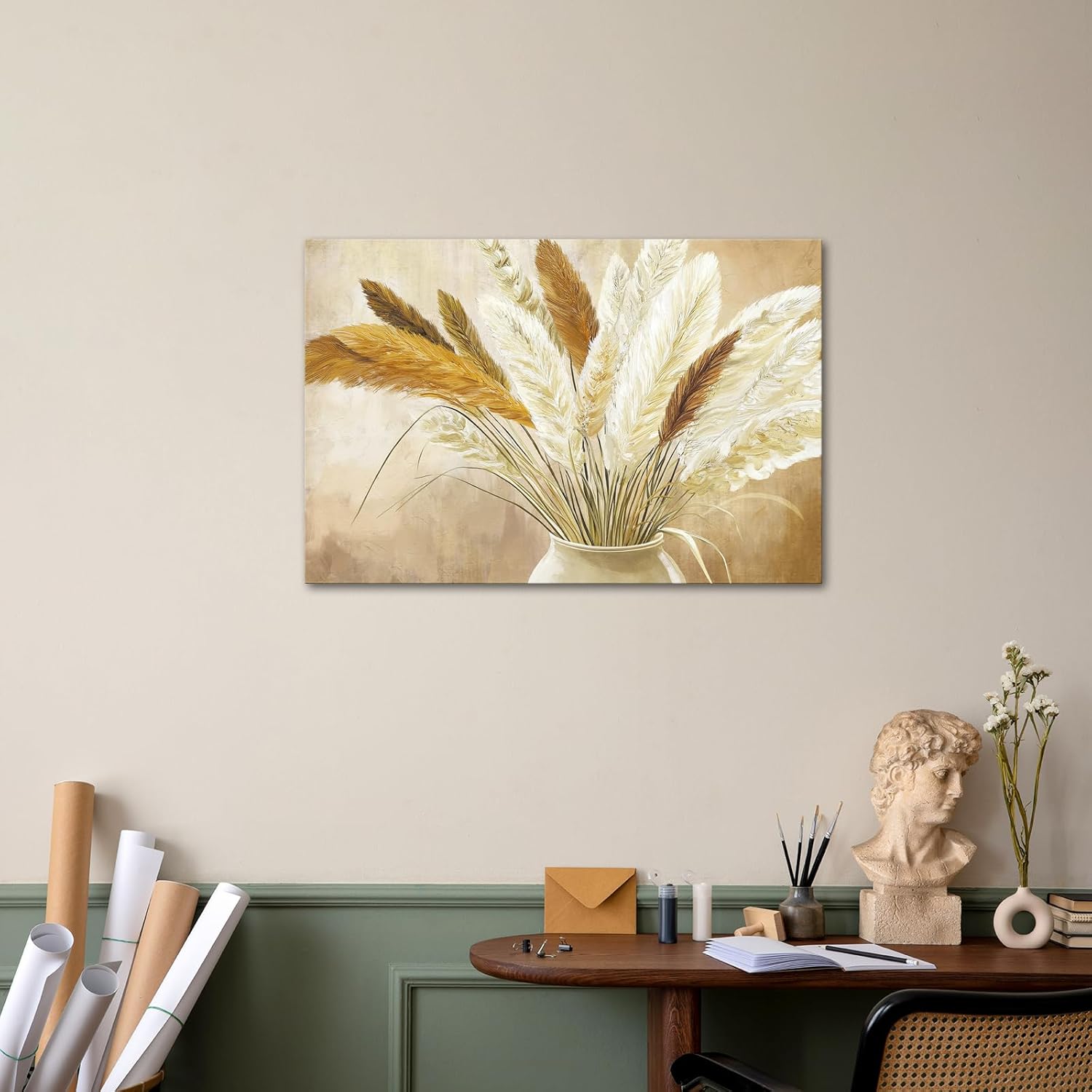 KREATIVE ARTS Vintage Pampas Grass Wall Art 24x36 Inch Boho Botanical Dried Flower Canvsa Print Neutral Beige Wall Decor for Living Room Bedroom Farmhouse Entryway Rustic Home Artwork Ready to Hang