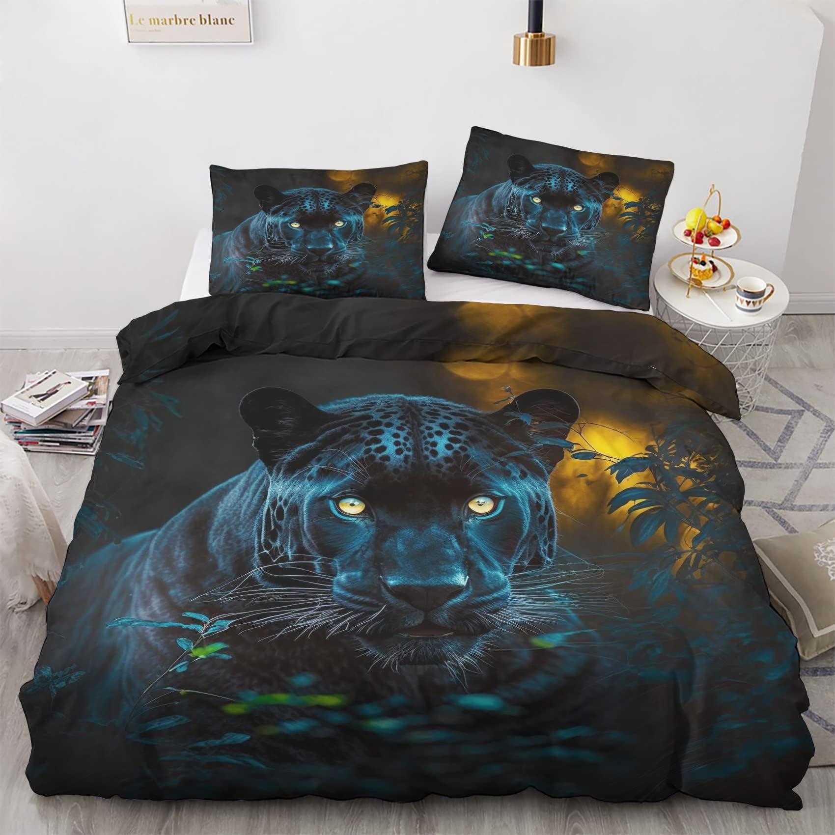 Bettwäsche 3-teilig 135x200cm Dschungel Design - Schwarzer Panther Mikrofaser Set