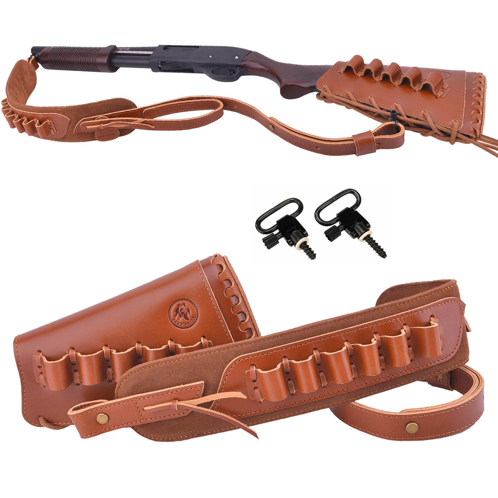 Leather Gun Buttstock Cheek Rest Pad with Matched Sling Ammo Holder for .30-30 .357 .38 .45-70 Cartridge (16 Gauge, Lefty Hand - Brown)