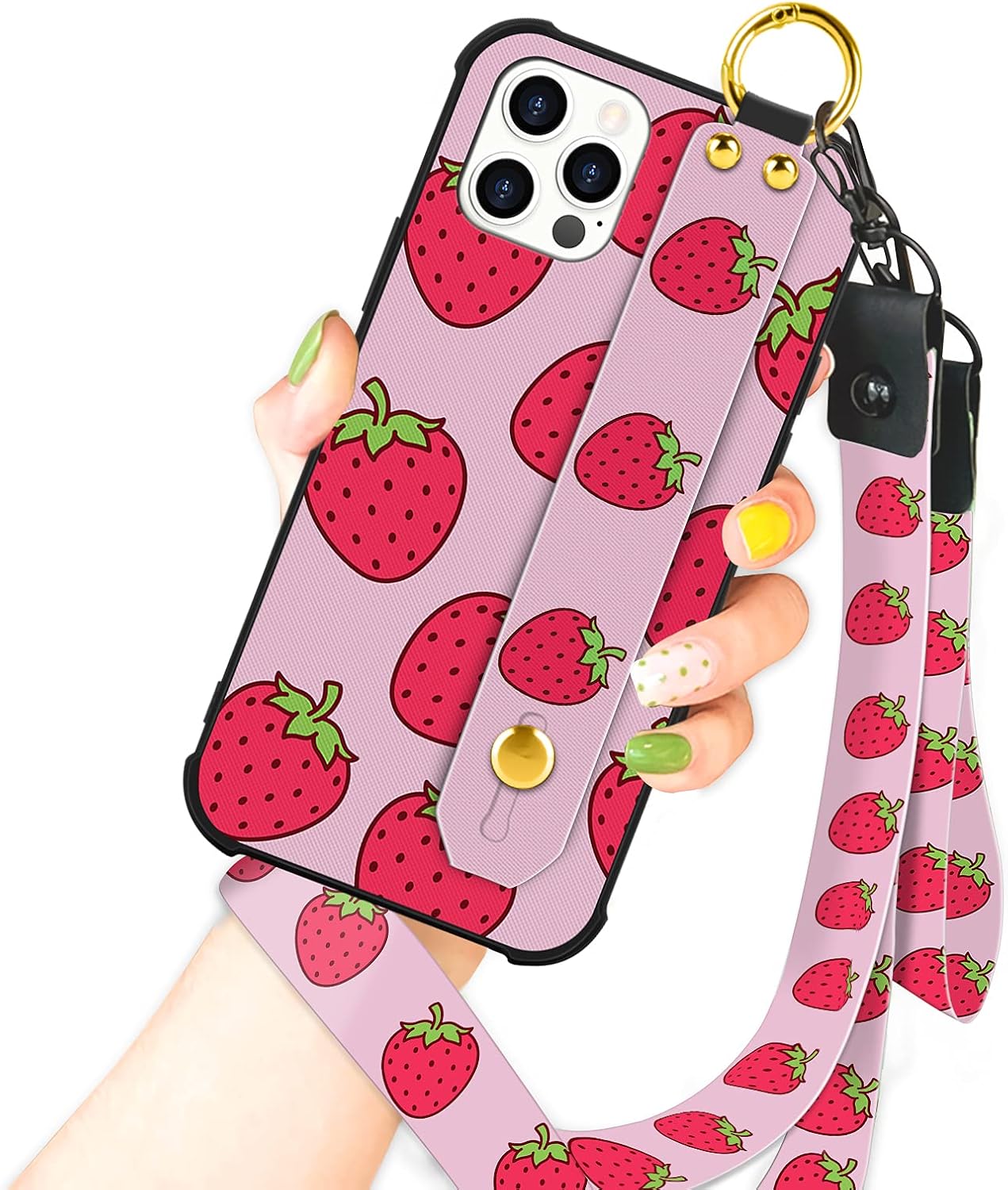 OOK Compatible with iPhone 12 Pro Max Case Strawberry Design Wrist Strap Cell Phone Cover w/Lanyard Kickstand Band Protective Red Fruit Pattern Stand Bumper Case for Women Girls for iPhone 12 Pro Max