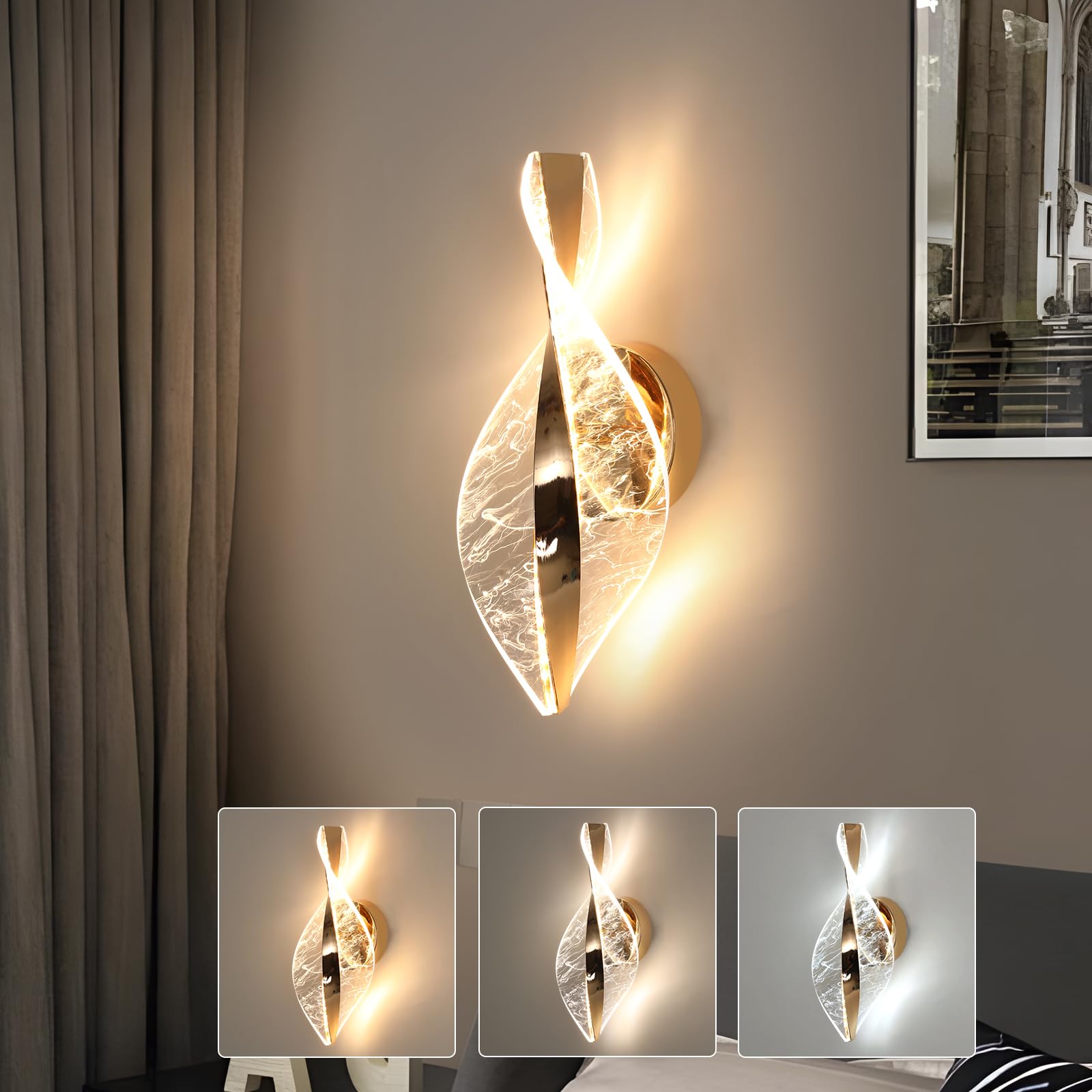 Comely Kinkiet LED, Złoty 12W 2000LM Regulowana Nowoczesna Lampa Ścienna LED, 3 Temperatury Barwowe 3000K/4500K/6500K Wewnętrzna Lampa Ścienna Do Sypialni Korytarza Salonu Sali