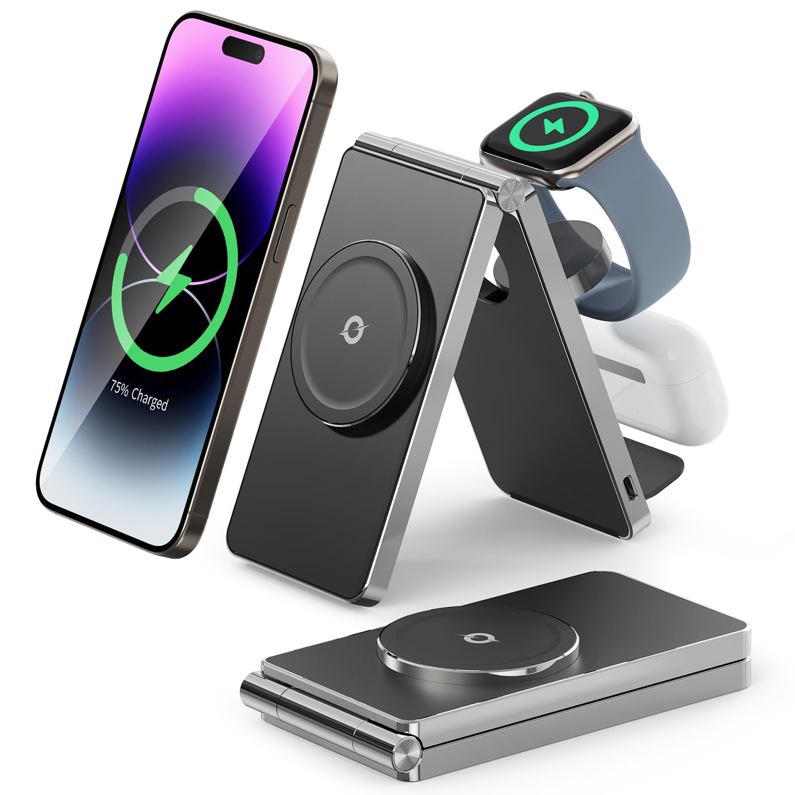 2024 3 in 1 30W Super Fast Wireless Charging Station for iPhone Apple Watch AirPods Multiple Devices, Magnetic Foldable Wireless Charger Dock, Travel Charger for iPhone 15/14/13/12 Series(Black)