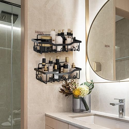 Miniatura 6 de Organizador de ducha, paquete de 2 organizadores adhesivos para ducha con 14 ganchos, 4 adhesivos, sin perforaciones, estante de ducha inoxidable