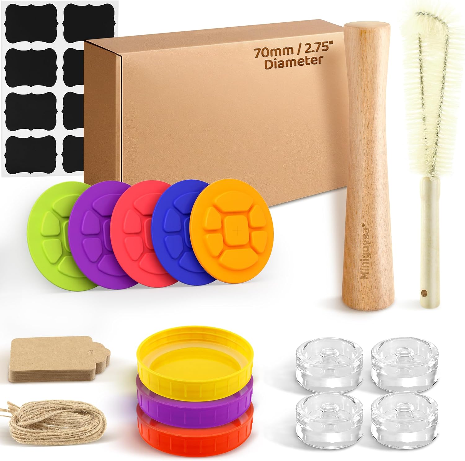 Regular Mouth Fermentation Kit for 70 mm Canning Jars, 5 Silicone Fermenting Lids, 4 Glass Weights, 3 Storage Lids, Wooden Tamper, Date Tags, Stickers & Brush for Kimchi, Pickles & Sauerkraut