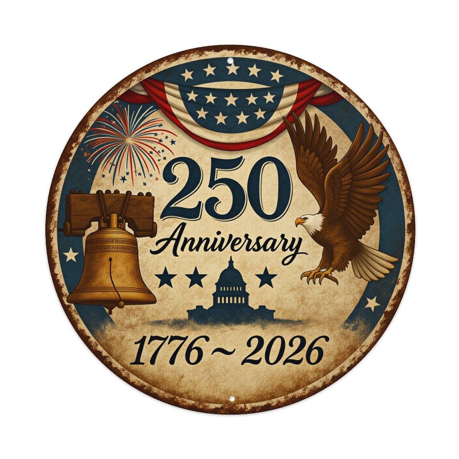 American Flag Eagle Bell Capitol Fireworks Round Tin Sign Vintage Metal Poster, Home Bar Garage Man Cave Cafe Indoor & Outdoor Wall Decoration 8x8Inches