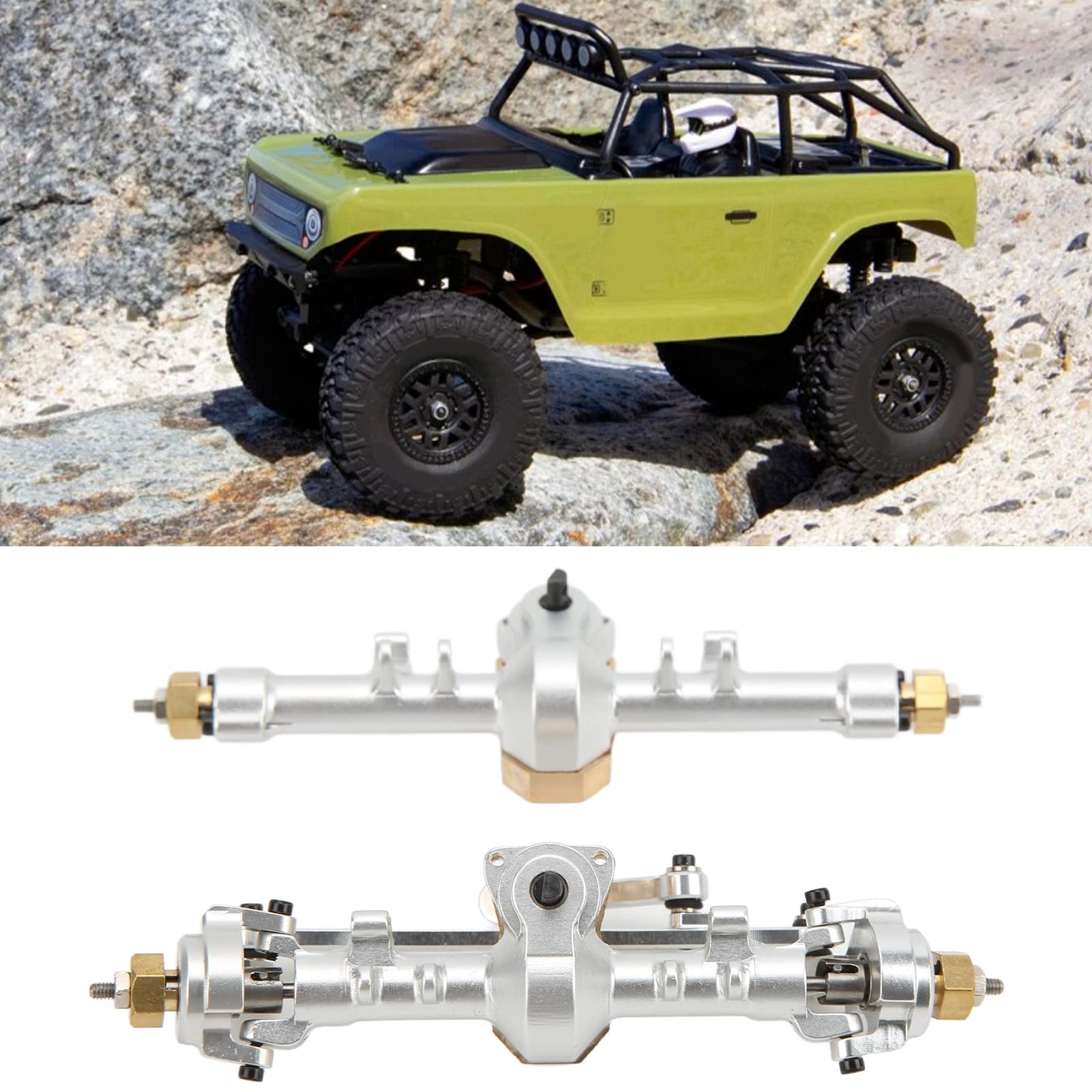 Metalowy zespół Osi Przedniej i Tylnej RC, Części Zamienne ze Stopu Aluminium z Mosiądzu do Samochodu Axial SCX24 1/24 RC, Przednia Tylna oś ze Stopu Aluminium, Akcesoria do Części (SILVER)