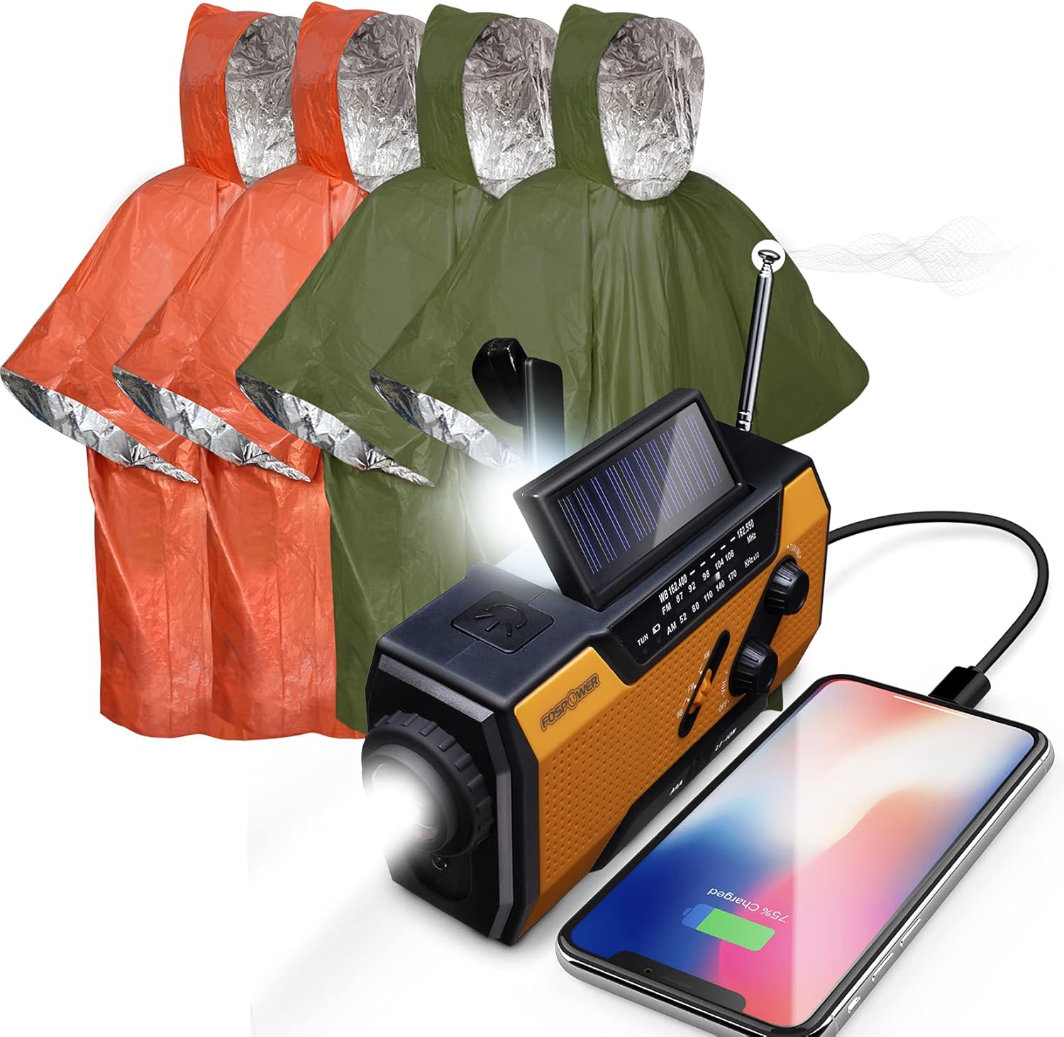 FosPower 2000mAh Emergency Weather Radio Portable Charger +Emergency Waterproof Rain Poncho [4 Pack] [Retains 90% Body Heat] Weather Resistant Raincoat