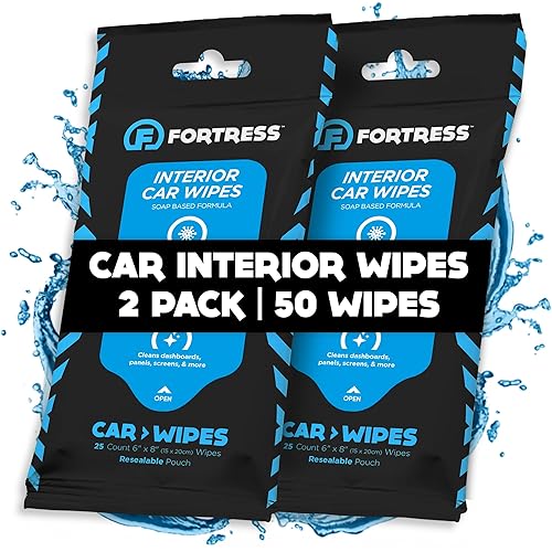 Fortress Car Interior Wipes (25 ct, Pack of 2) for Car Interior Cleaning, Dashboard, Seats, Detailing, and Steering Wheel [Travel Size] Skin-Safe Car Interior Cleaner Supplies - 2 - No Microfiber Cloth