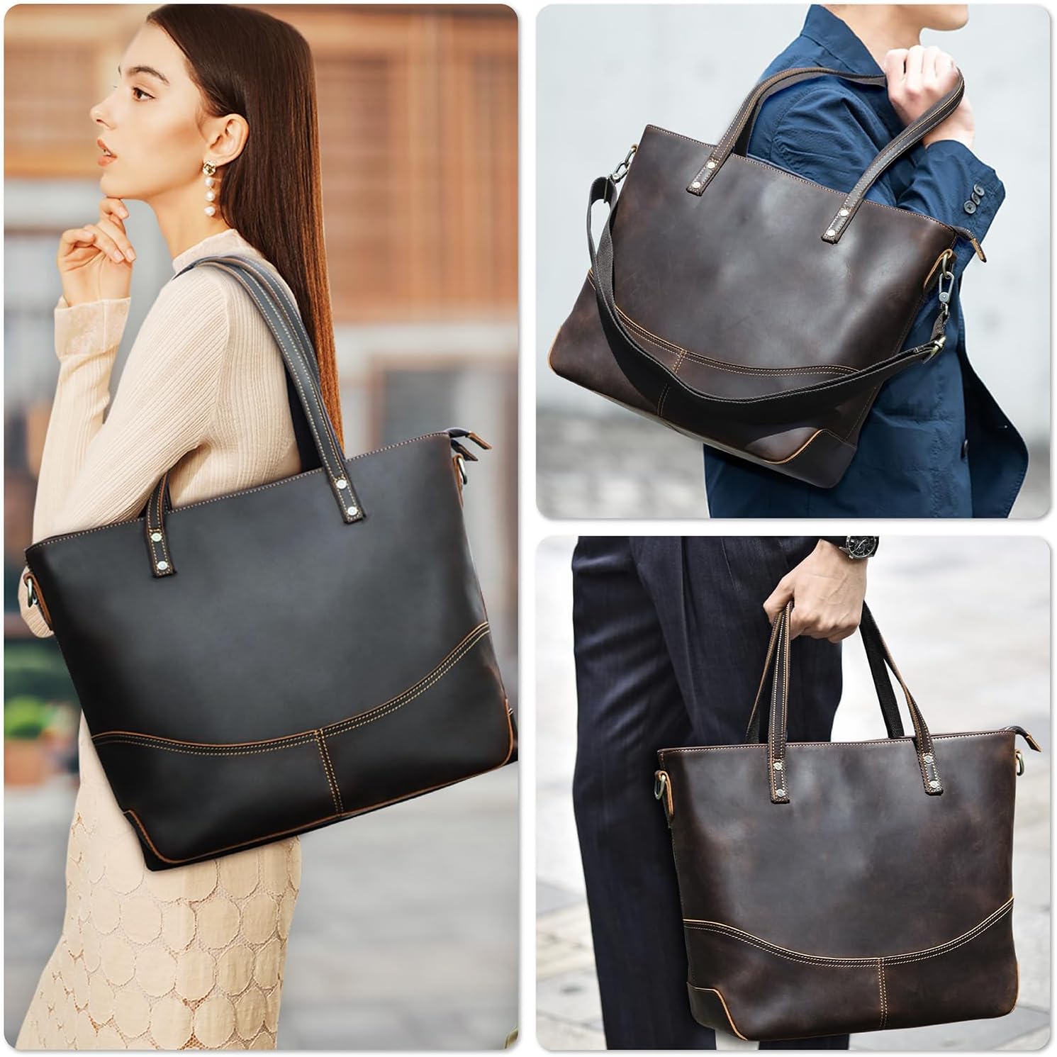 Top Grain Leather 14.2" Laptop Tote Bag Briefcase for Man & Woman, Vintage Design & Adjustable Strap, Fits to 14.2" MacBook Pro/Air, Shoulder Bag Handbag for Office/Travel, Coffee 14.2 Inch