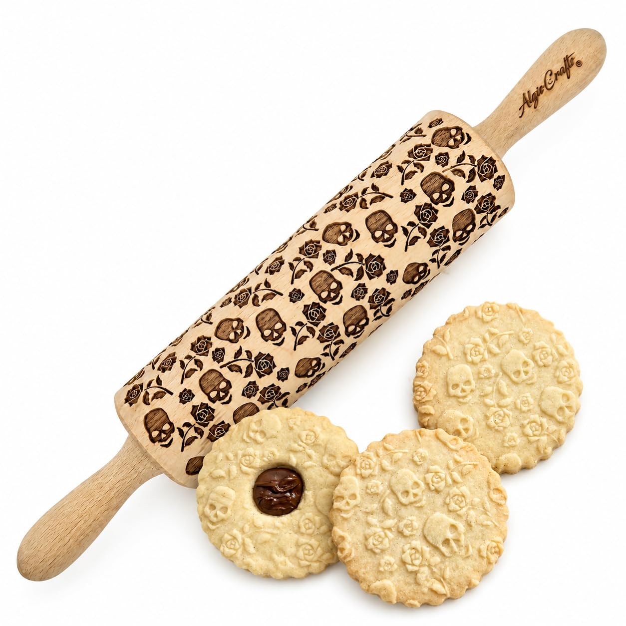 CRANIO CON LE ROSE Mattarello Legno Goffrato | Mattarello Inciso | Rullo per Biscotti e per Modellare | Mattarello per Halloween | Mattarello Decorativo per Biscotti di Algis Crafts