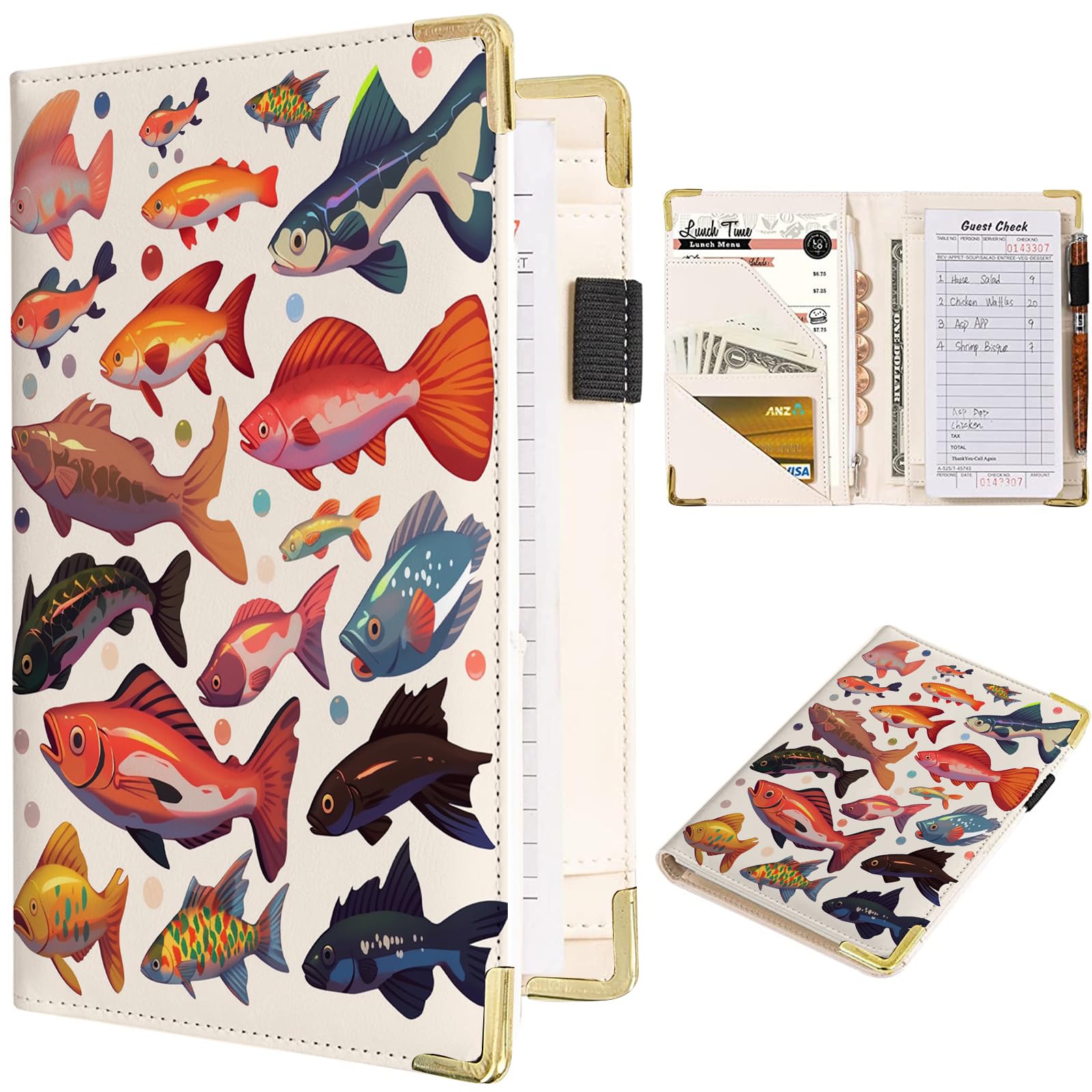 Fish Collection Server Book Underwater Sea Life High Volume Waiter Books for Bartender Goldfish Leather Waitress Book with Zipper /MagneticPockets Waiter Wallet Server Booklet Fit Apron Gift(White)