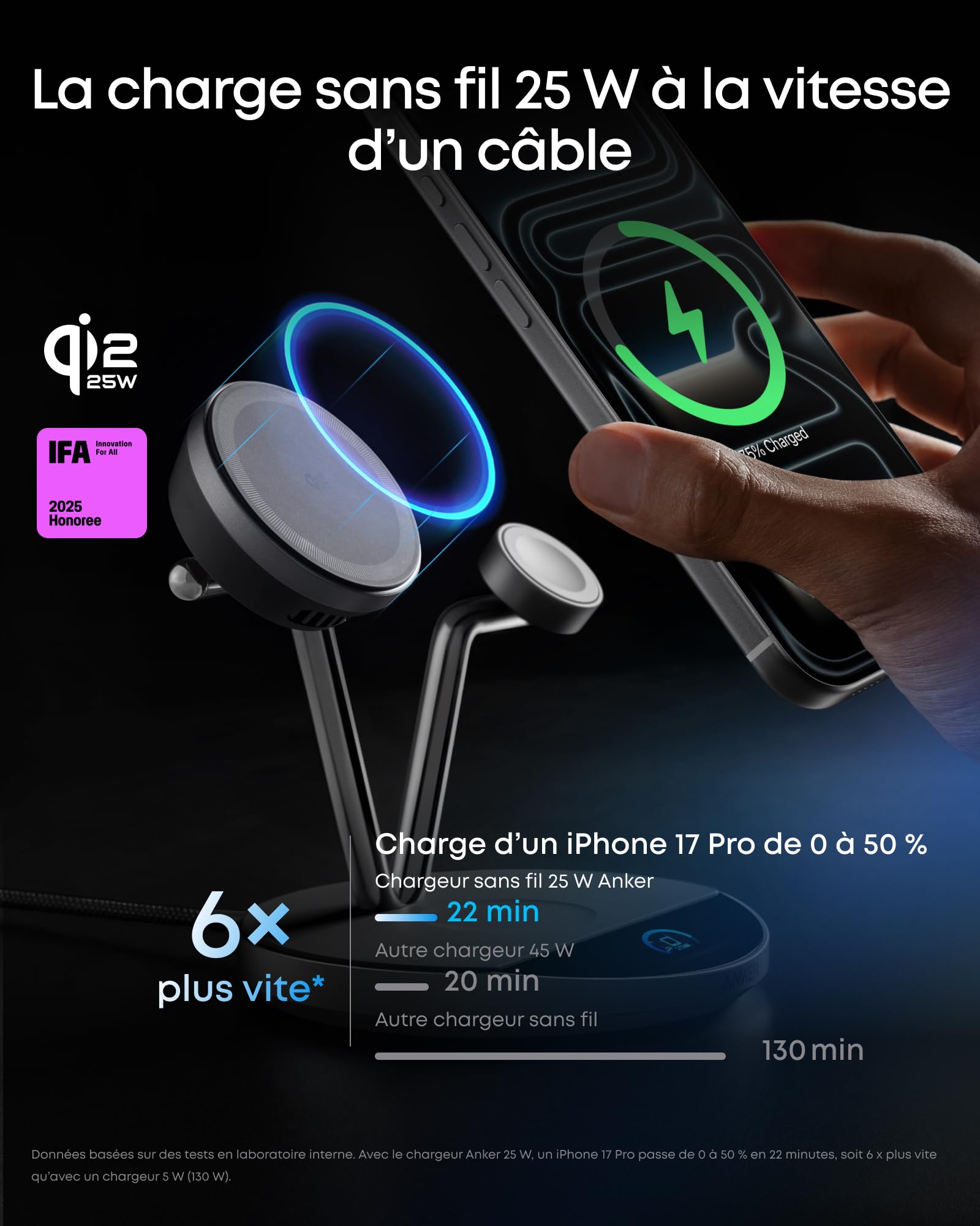 Anker Prime Station de Charge 3 en 1 Certification Qi2 25 W Compatible MagSafe, Support, écran Intelligent, Refroidissement TEC Actif, pour iPhone 17, Apple Watch, AirPods et Plus