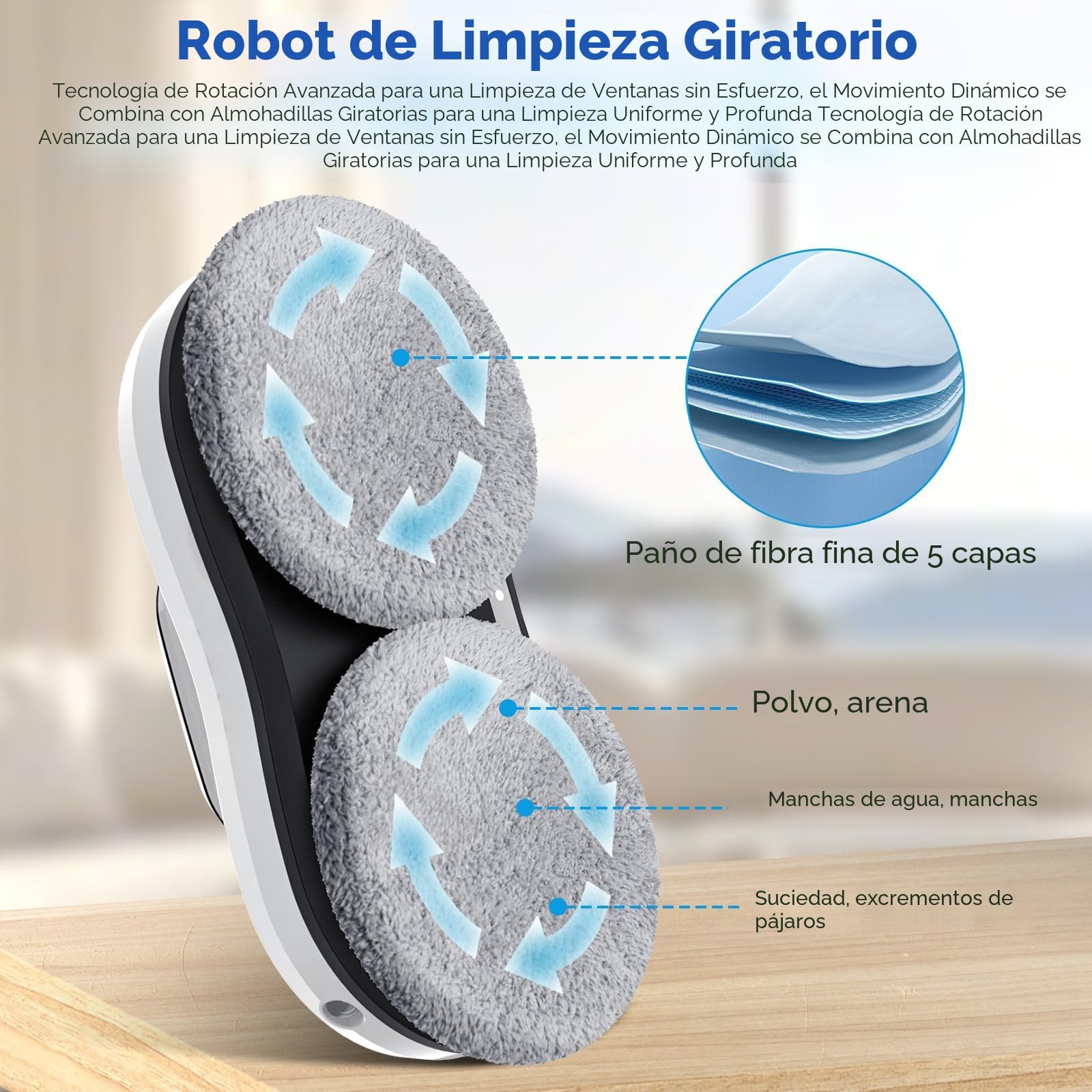 Robot Limpiacristales, Limpia Cristales Robot 5600 Pa con Navegación Inteligente, Mando a Distancia y Sistema Anticaída, Paño de Limpieza, para Todas Las Superficies Lisas