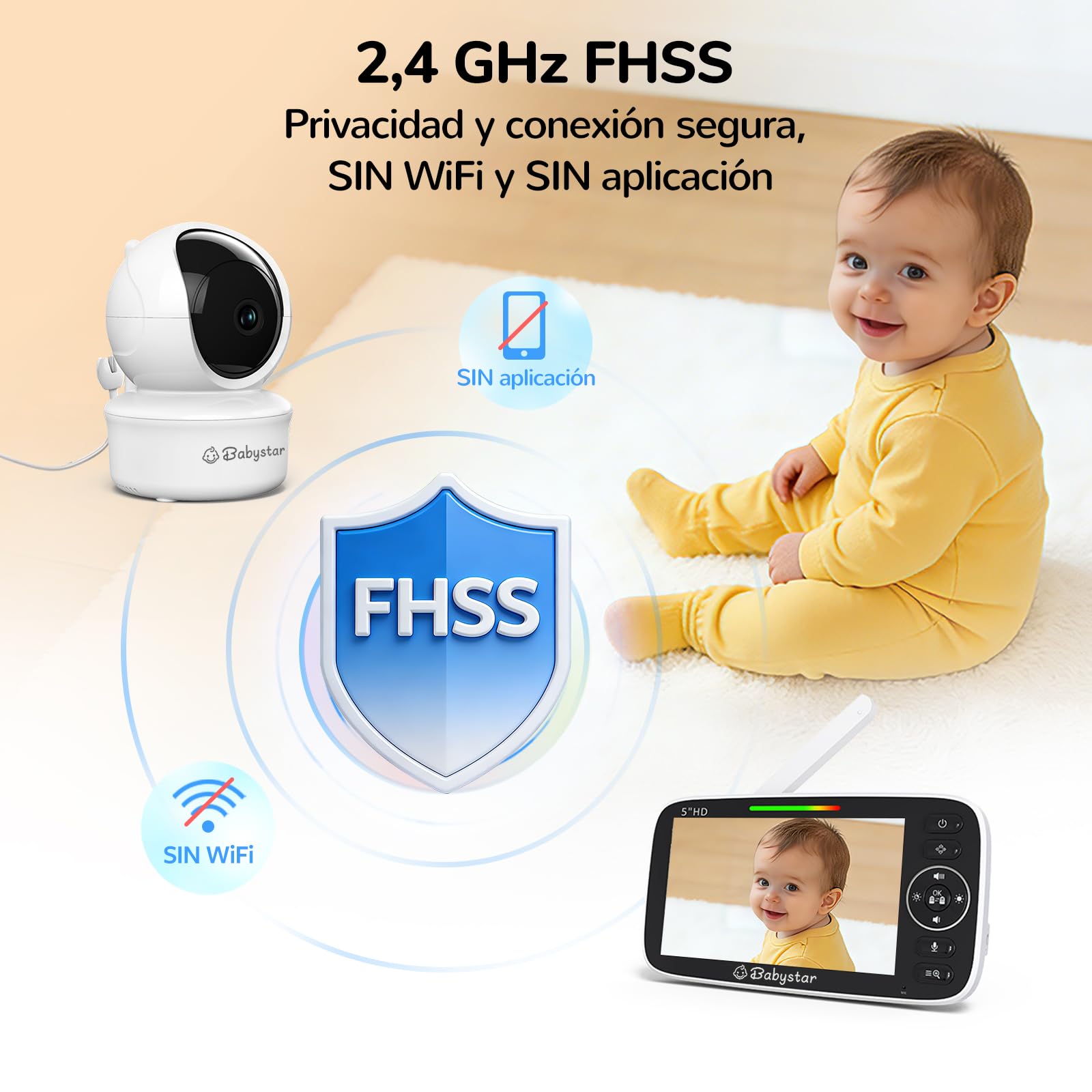 Babystar Camara Vigilancia Bebe 5" 720P HD IPS Rotación de 355° Vigilabebes con Camara Batería de 4000 mAh, Sin WiFi, VOX, Audio Bidireccional, 4×Zoom, Sensor de Temperatura y Aviso de Lactancia